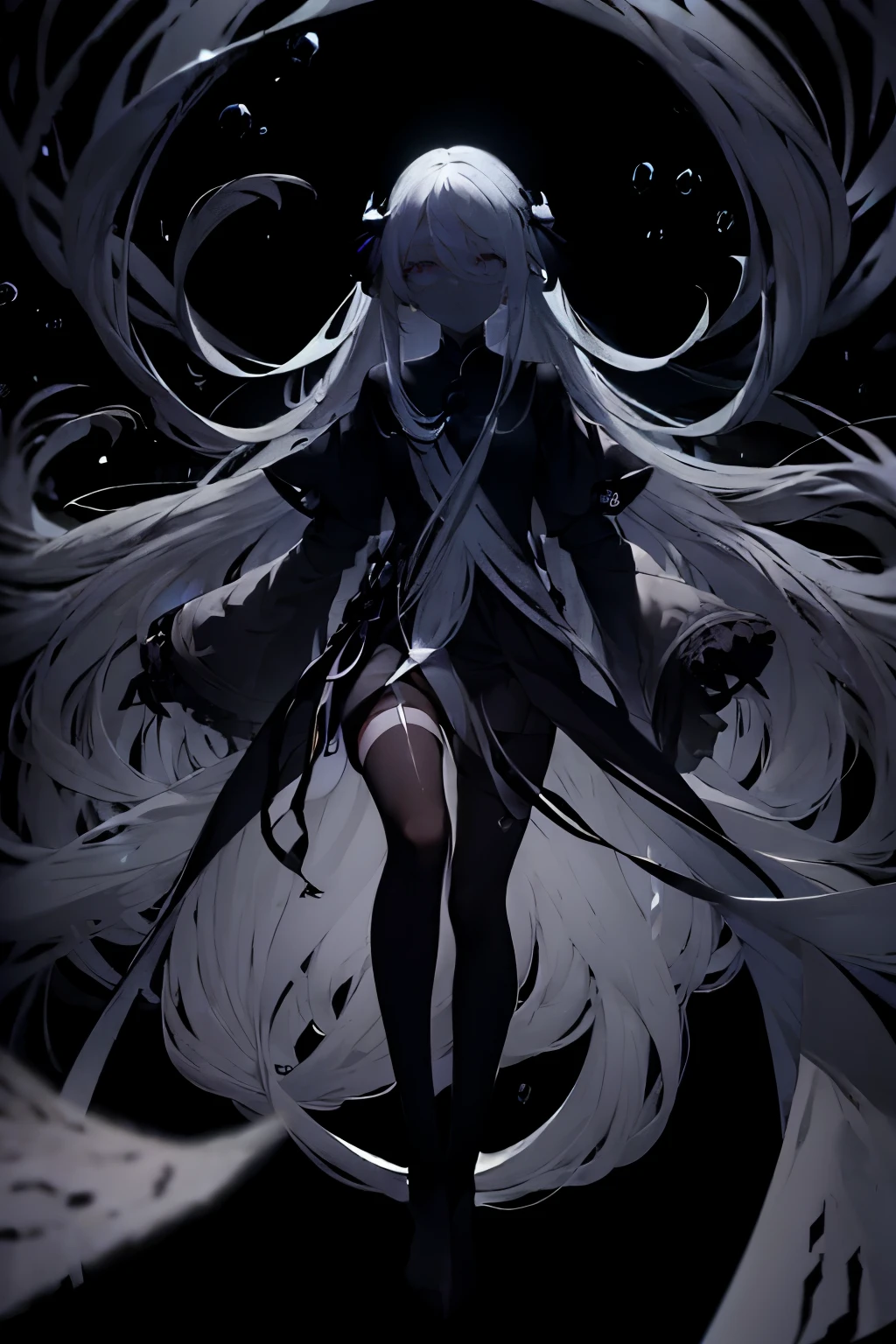 very long white hair、pitch black eye、Expressionless、floating girl、Black gradient、Transparent feet、Black and white background　Redraw face　lifeless face
