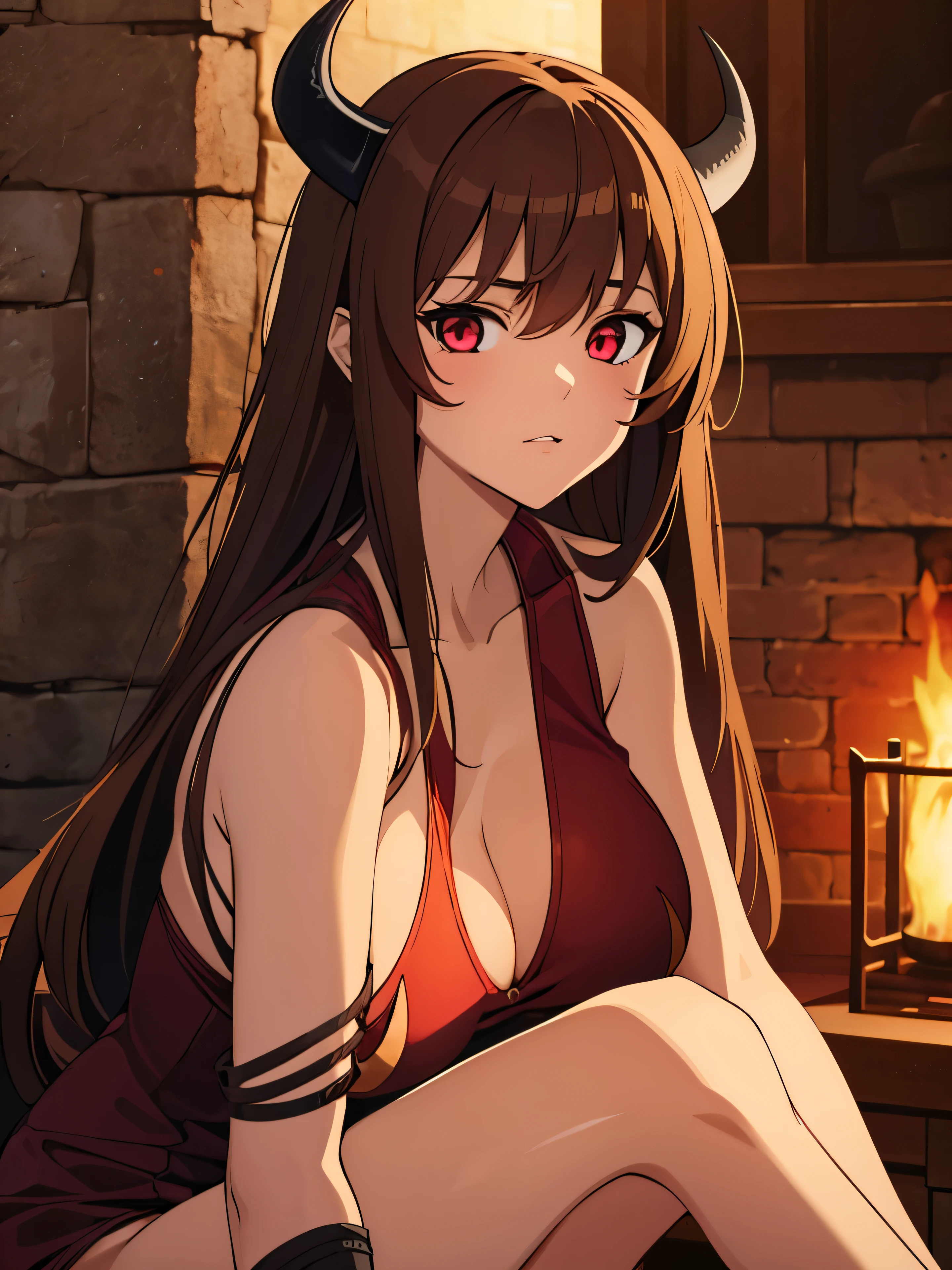 Tanned-skinned girl who is a demonic succubus has brown hair and female medieval clothing showing the lower part of her breasts