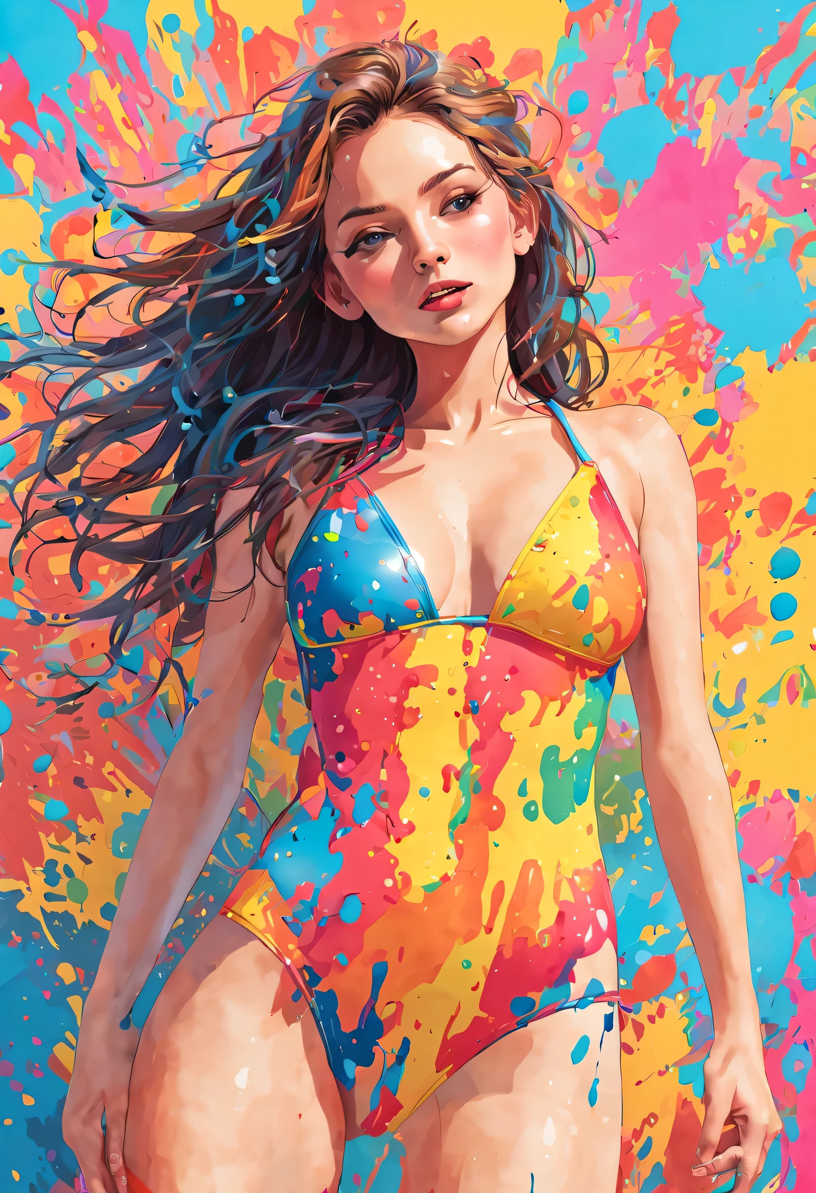 (highest quality、4K、8K、High resolution、masterpiece: 1.2)、Super detailed、(genuine、photogenuineistic、photogenuineistic: 1.37)、Colorful ink splatters on a woman wearing a swimsuit in front of a wall、bright and vibrant colors、illustration style、playful lighting