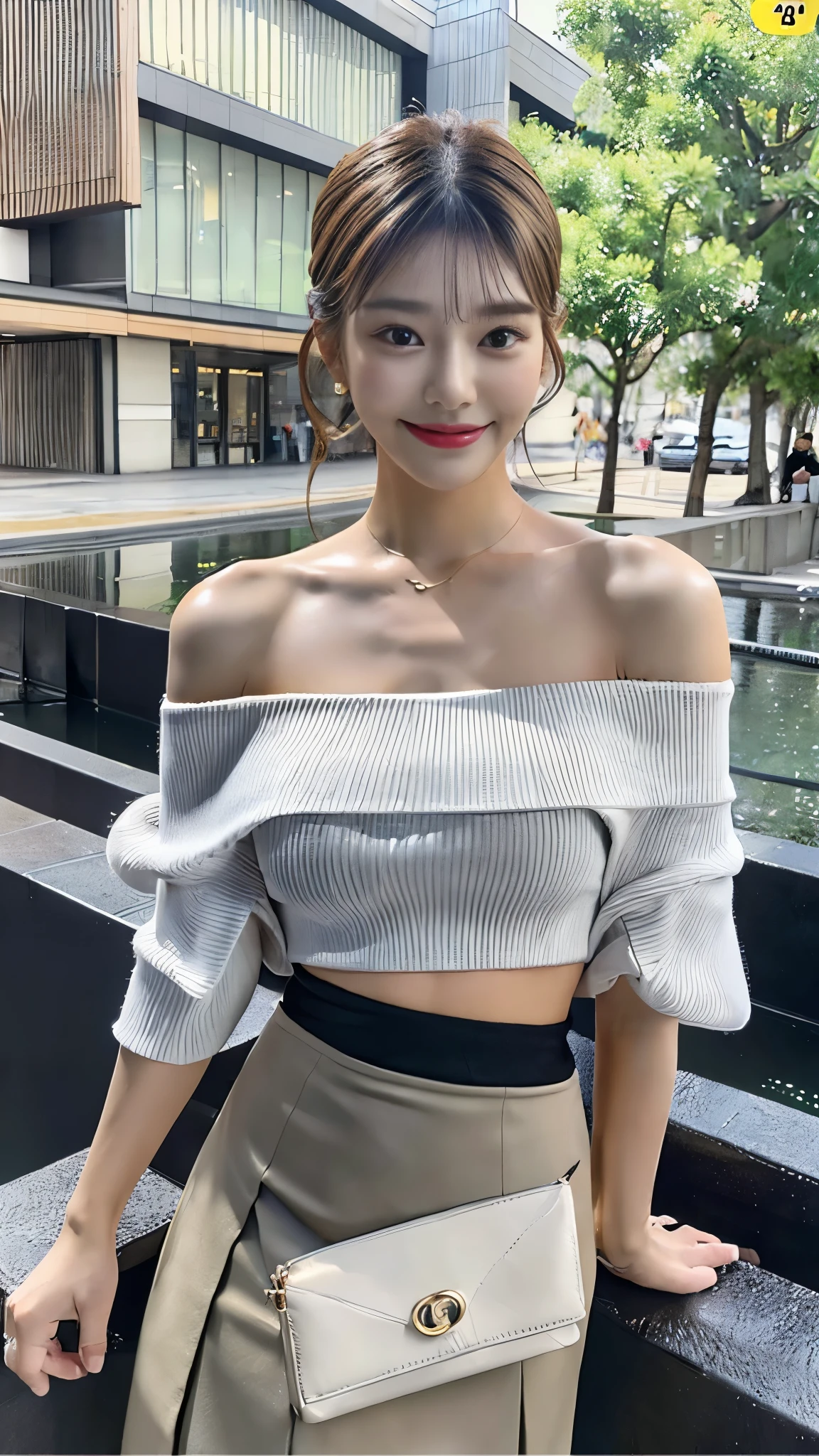full body, Upper class woman standing on beautiful park lawn with purse and handbag, (No bra), Wearing an ultra-thin silk bandeau top over naked, jaw-dropping beauty, ((Wearing a off-the-shoulder top: 1.5,)), ((drape skirt: 1.4)), (Wearing pantyhose, Ultra-realistic pantyhose), elegant japanese woman, Ultra-thin white off-the-shoulder top and gray drape skirt, transparent gray drape skirts, Japanese Models, japanese city street fashion, japanese street fashion, very pretty model, Cute elegant pose, A smile, Raw photo, (in 8K, top-quality, masterpiece: 1.2), (intricate detailes:1.4), (Photorealsitic:1.4), octane renderings, Complex 3D rendering ultra detail, Studio Soft Light, Rim Lights, vibrant detail, super detailing, realistic skin textures, Detail Face, Beautiful detail eyes, Very detailed CG Unity 16k wallpaper, make - up, (detailedbackground:1.2), Realistic skin feeling, shinny skin, Exposed thighs!!!、