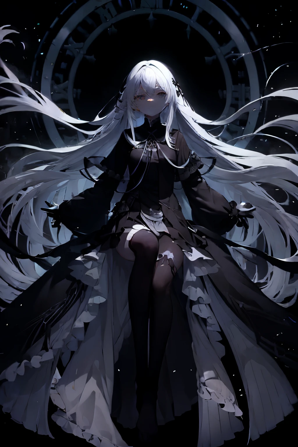 very long white hair、pitch black eye、Expressionless、floating girl、Black gradient、Transparent feet、Black and white background Redraw face lifeless face big clock behind