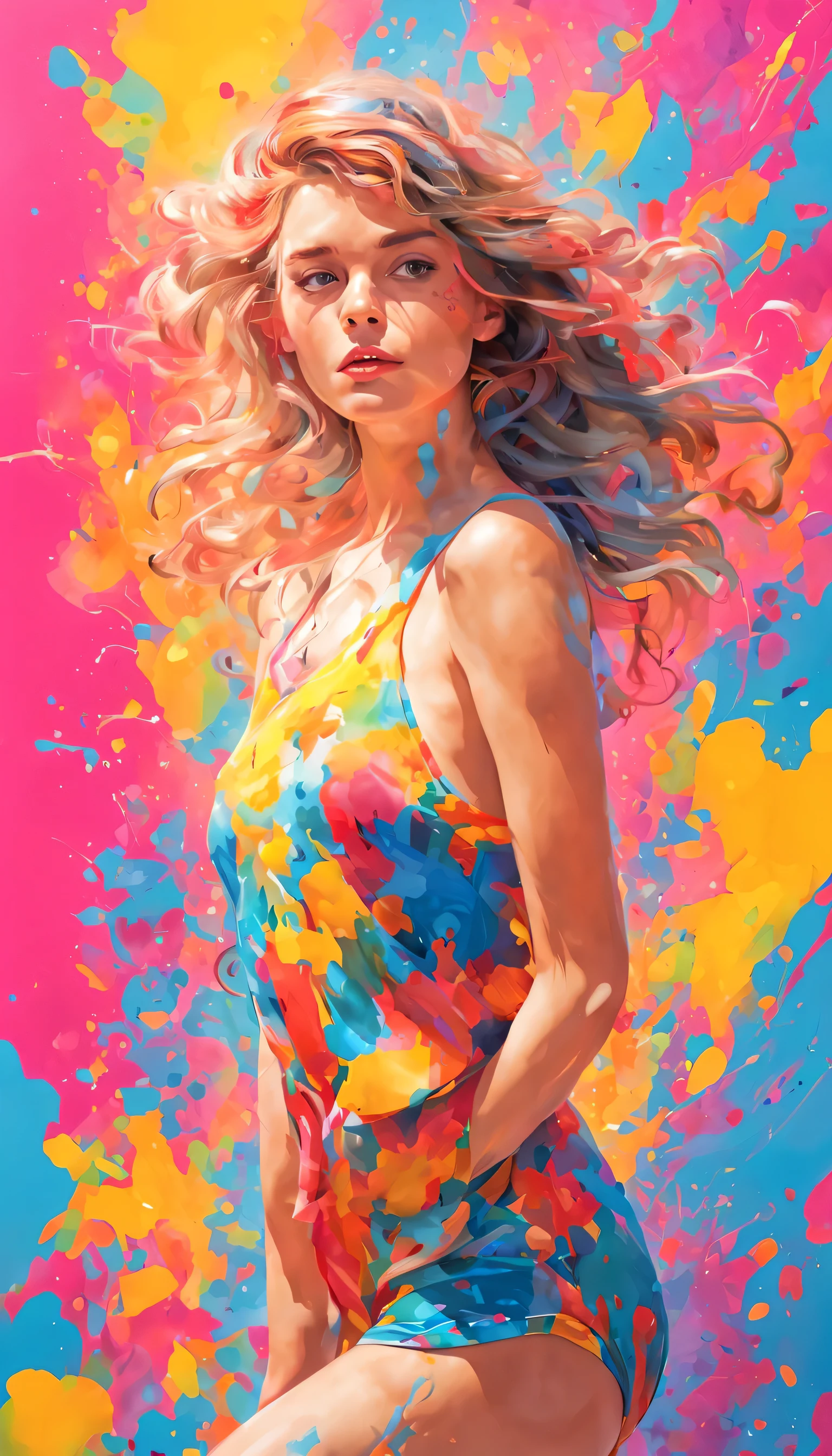 (highest quality、4K、8K、High resolution、masterpiece: 1.2)、Super detailed、(genuine、photogenuineistic、photogenuineistic: 1.37)、Colorful ink splatters on a woman wearing a swimsuit in front of a wall、bright and vibrant colors、illustration style、playful lighting