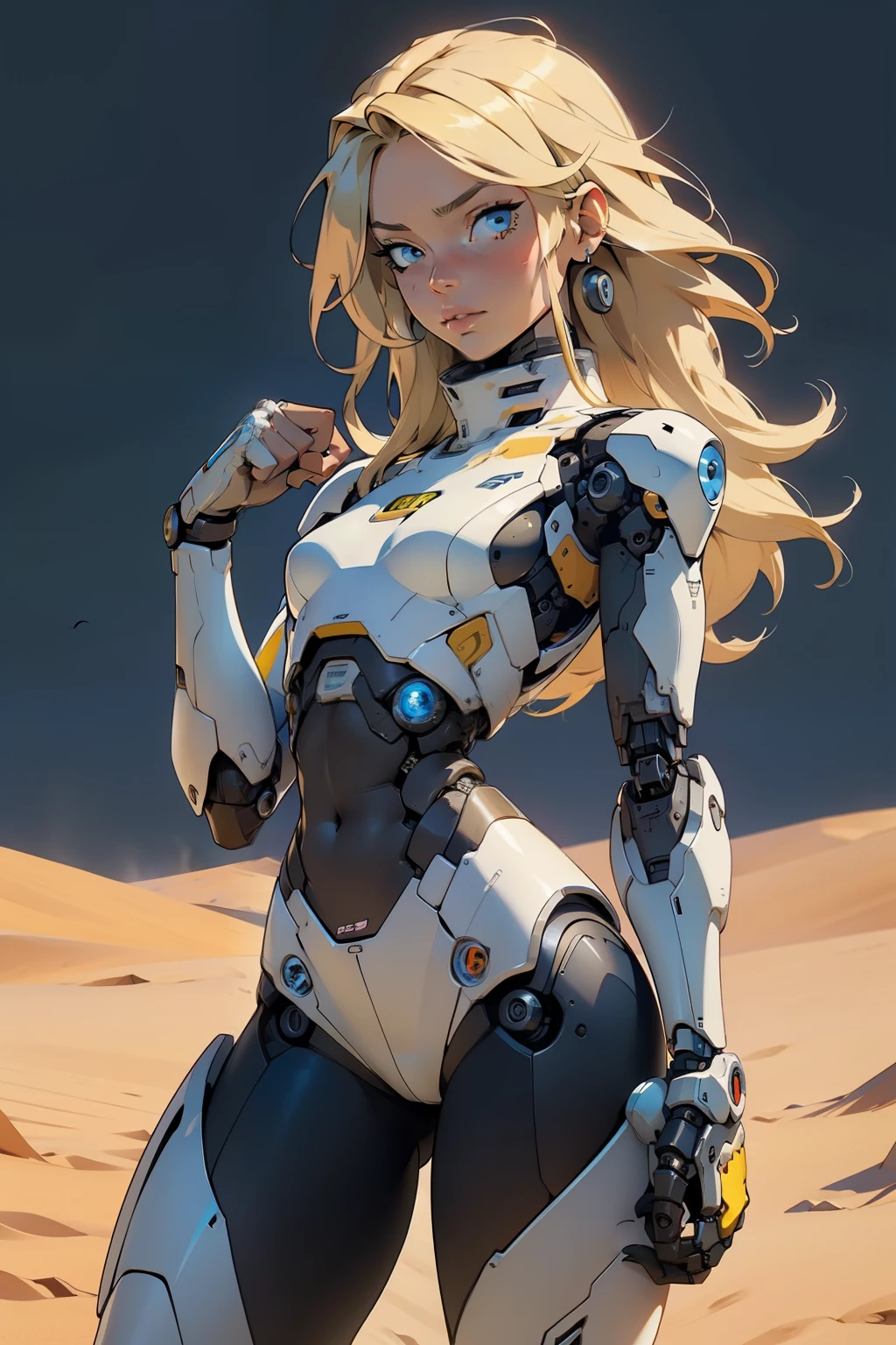high quality, 4k, masterpiece, beautiful, cyborg girl, cowboy shot, dull eyes, looking at viewer, long blonde hair, girl, small breasts, fit thigh, robotic arms, robotic body, cyborg body, yellow accent, intricate detail, joint, detailed lines, robotic detail, holding fist up, holding hand up as fist, color robotic parts, robotic parts with color, perfect fingers, on a desert planet, sunny background, colorful desert,