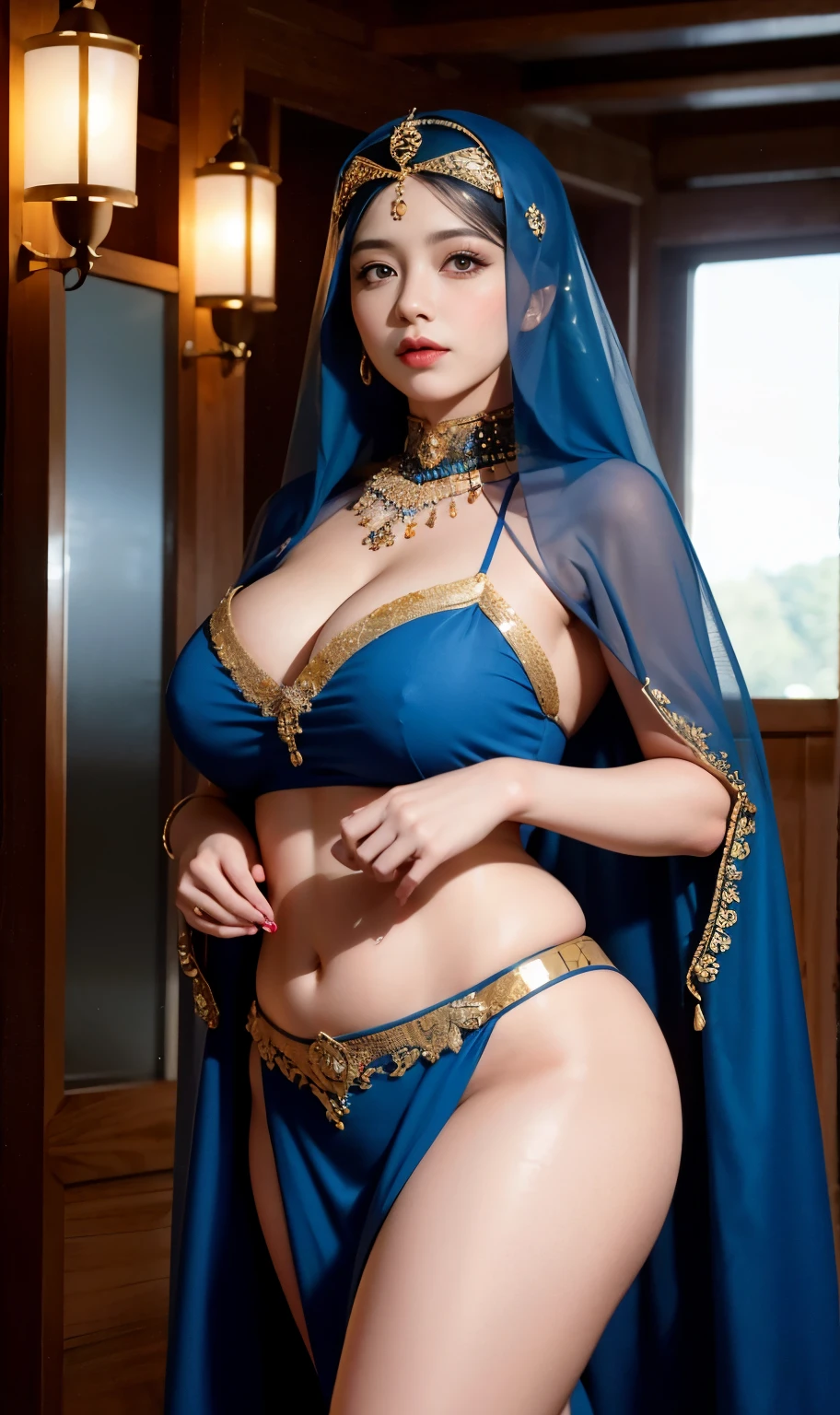 a woman in a blue dress and veil posing for a picture, arabian princess, beautiful arab woman, arabian beauty, arab princess, arab inspired, beautiful iranian woman, arab ameera al taweel, very attractive and beautiful, beautiful oriental woman, traditional beauty, arabian, with beautiful exotic, aesthetic!!!!!! female genie, beautiful burqa's woman, cosplay, gorgeous woman, bbwchan, chubby thighs, chubby arm, big breast, chubby belly, big hips,, big arm, big thighs