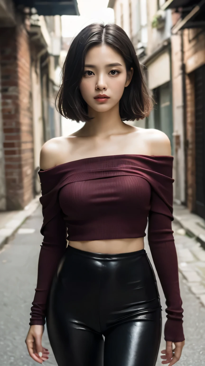 masterpiece, black hair, pure background, beautiful, elegant. Ultra-fine details, masterpieces, realistic textures, realistic cinematic lighting, perfect work, 8k, HD, delicate facial features, (Image from thighs to head), large breast, Burgundy velvet leggings with a black off-the-shoulder top, Mysterious gaze, Dimly lit alley, Vintage-inspired jazz club,