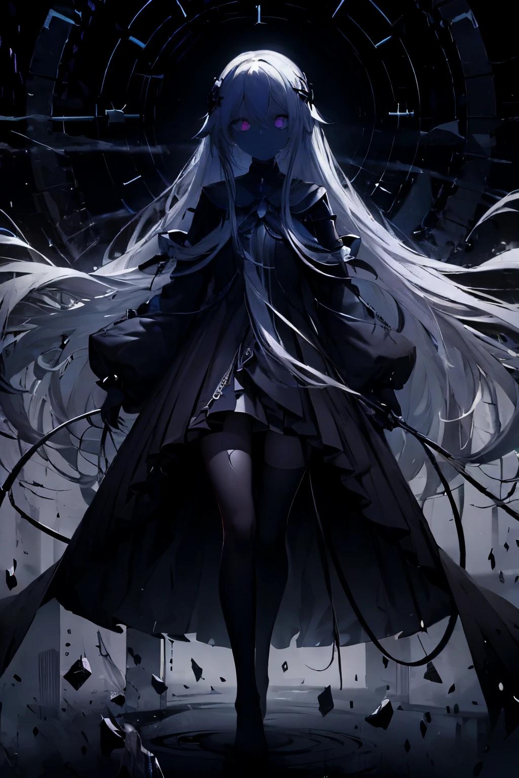 very long white hair、pitch black eye、Expressionless、floating girl、Black gradient、Transparent feet、Black and white background　Redraw face　lifeless face　big clock behind　demise　apocalyptic world