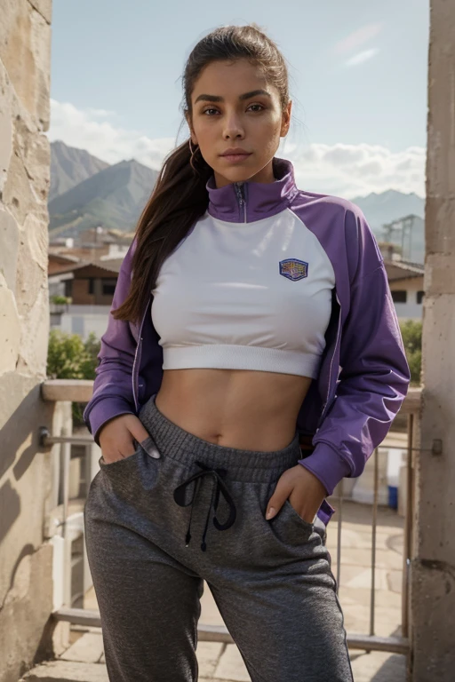 masterpiece photography of a very attractive, Mujer esbelta, usando una chaqueta deportiva, y pantalones cortos de mezclilla ajustados, toma de espalda con una vista perfecta de su culo con pantalones cortos. look at the camera subtly. Luz., ella tiene culo grande y senos medianos