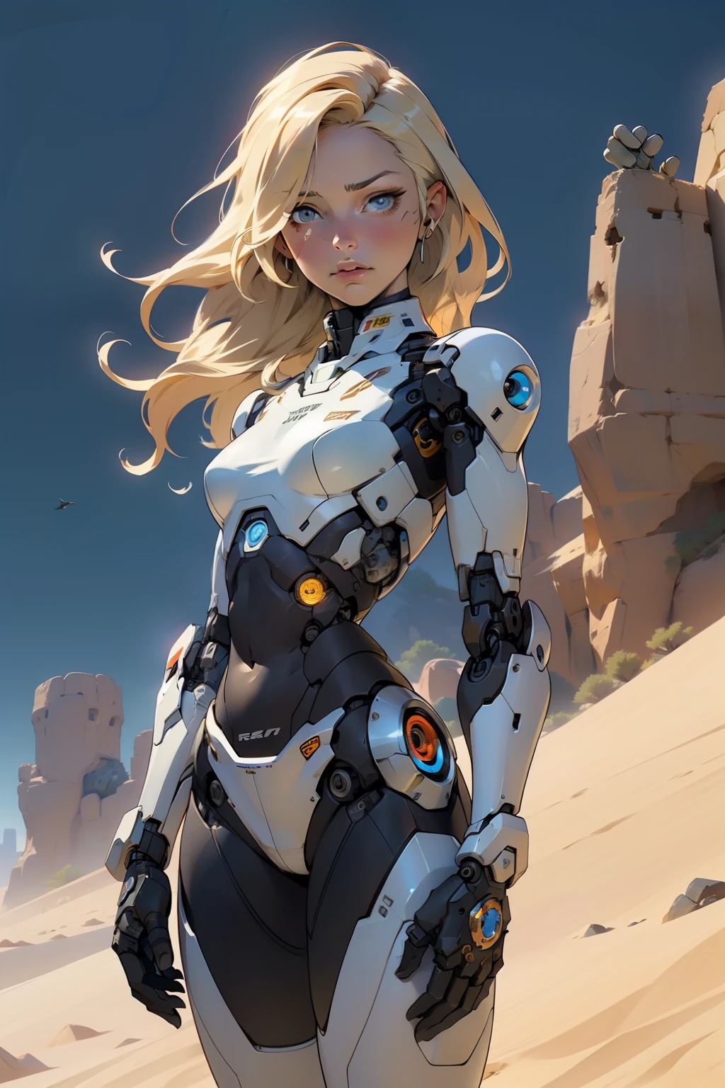 high quality, 4k, masterpiece, beautiful, cyborg girl, cowboy shot, dull eyes, looking at viewer, long blonde hair, girl, small breasts, fit thigh, robotic arms, robotic body, cyborg body, yellow accent, intricate detail, joint, detailed lines, robotic detail, holding fist up, holding hand up as fist, color robotic parts, robotic parts with color, perfect fingers, on a desert planet, sunny background, colorful desert,