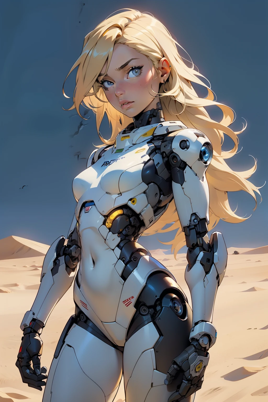 high quality, 4k, masterpiece, beautiful, cyborg girl, cowboy shot, dull eyes, looking at viewer, long blonde hair, girl, small breasts, fit thigh, robotic arms, robotic body, cyborg body, yellow accent, intricate detail, joint, detailed lines, robotic detail, holding fist up, holding hand up as fist, color robotic parts, robotic parts with color, perfect fingers, on a desert planet, sunny background, colorful desert,