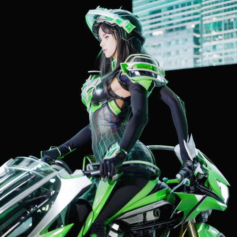 Highest image quality, Excellent details, ultra high resolution, (realism: 1.4), best illustrations, Offer details, Highly concentrated 1girl, Has a delicate and beautiful face, Dressed in black and green mechs, wearing a mech helmet, holding direction controller, riding a motorcycle, The background is a high-tech light scene of a futuristic city.