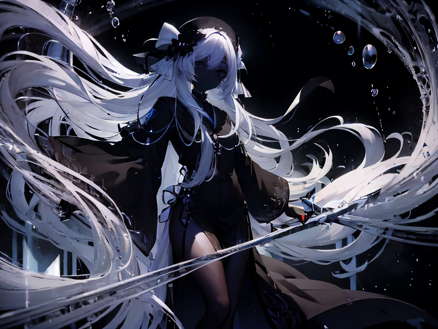 very long white hair、One eye is black、Expressionless、floating girl、Black gradient、Transparent feet、Black and white background beautiful girl 二次元beautiful girl