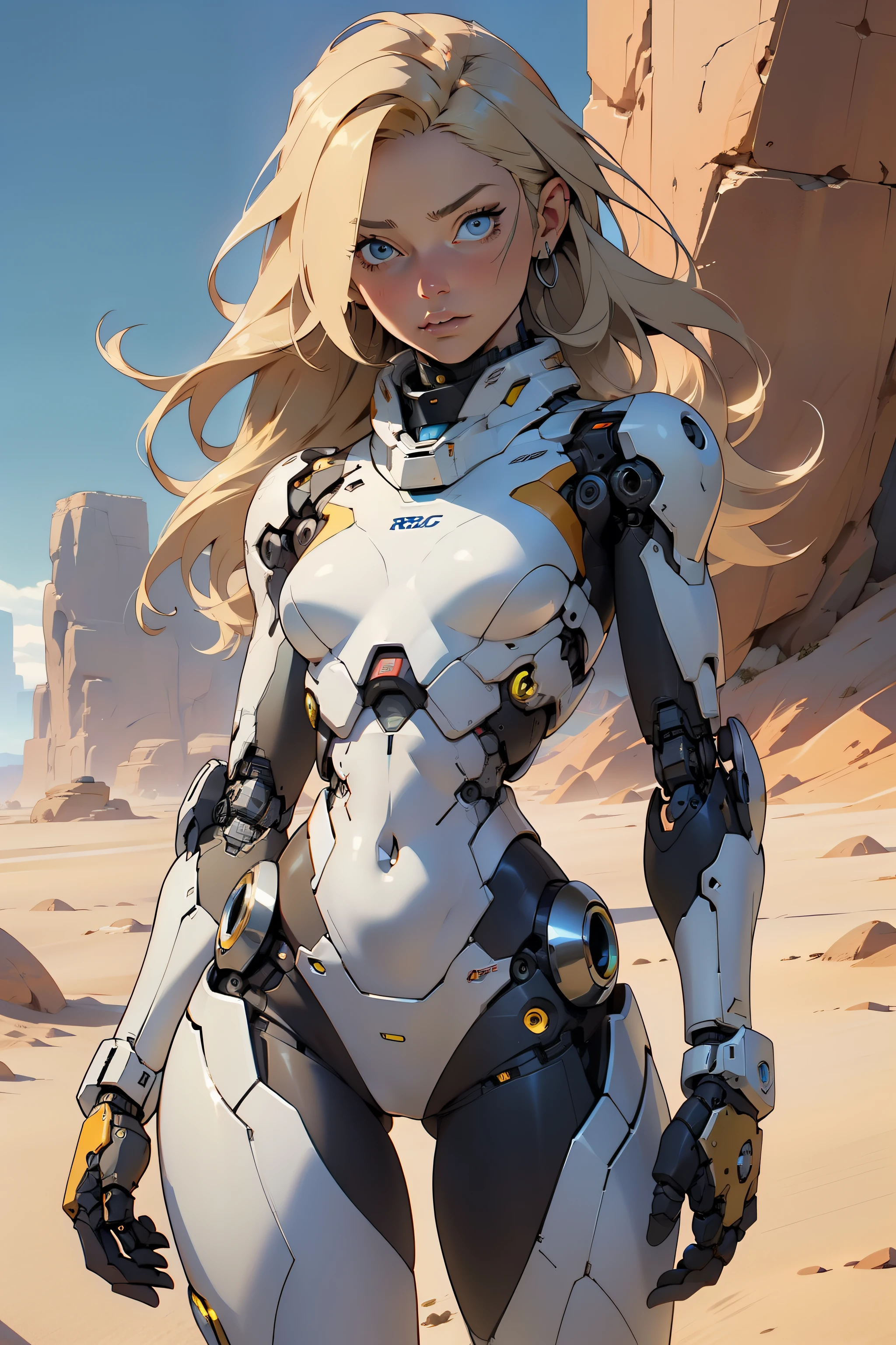 high quality, 4k, masterpiece, beautiful, cyborg girl, cowboy shot, dull eyes, looking at viewer, long blonde hair, girl, small breasts, fit thigh, robotic arms, robotic body, cyborg body, yellow accent, intricate detail, joint, detailed lines, robotic detail, holding fist up, holding hand up as fist, color robotic parts, robotic parts with color, perfect fingers, on a desert planet, sunny background, colorful desert,