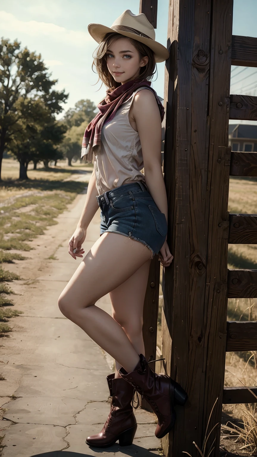 highest quality、masterpiece、ultra high resolution、24 year old white female、Hair color is brunette and purple gradation color、blue eyes、long hair、my hair is wavy、hair up style、smile、Slender but well-proportioned feminine body、wearing red nail polish、wearing a frilly blouse、wearing skinny jeans、I'm wearing boots that cowboys wear.、I'm punching my chest、wearing a cowboy hat、I'm wearing a scarf around my neck、on a farm in america、Riding a horse
