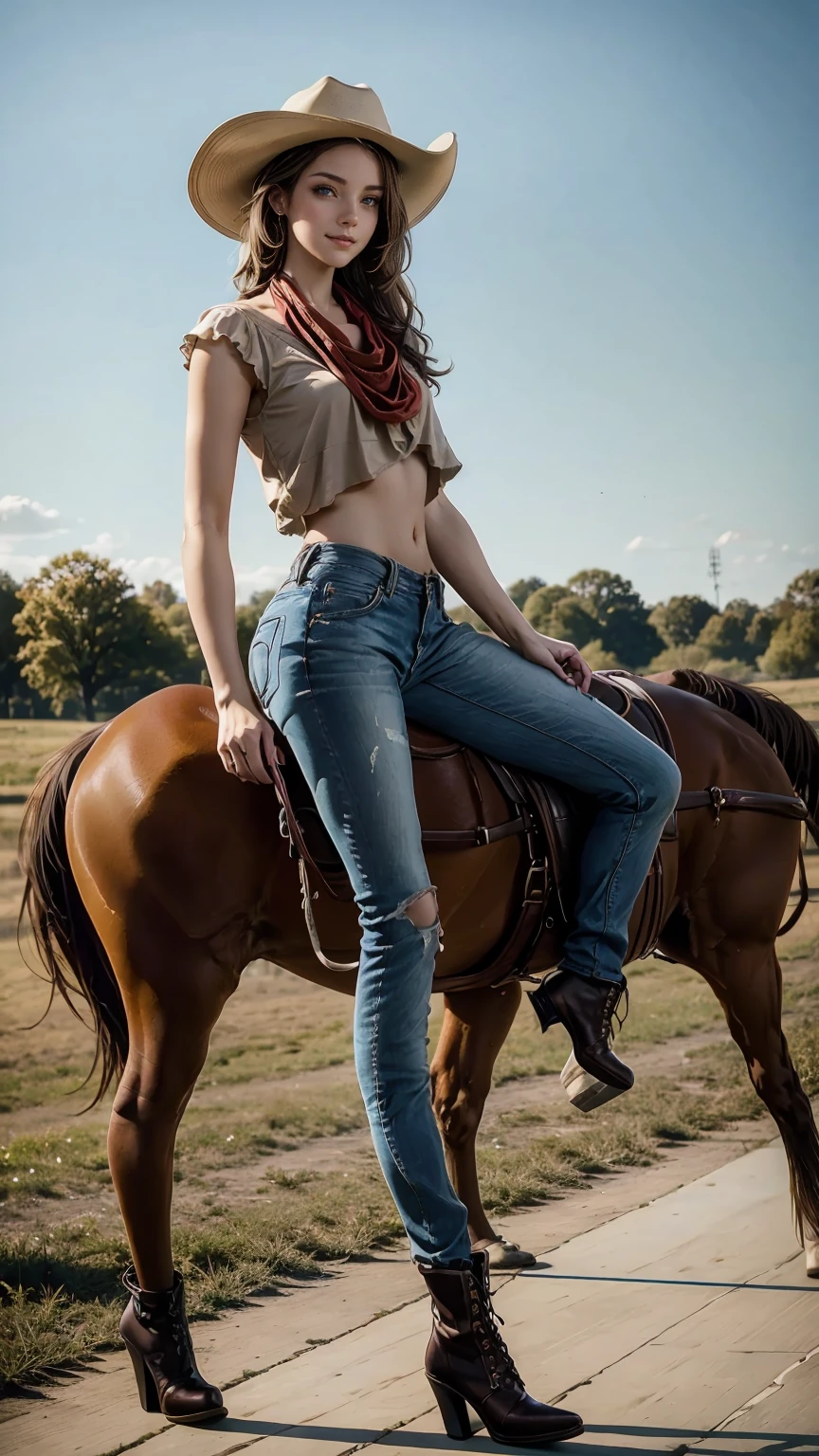 highest quality、masterpiece、ultra high resolution、24 year old white female、Hair color is brunette and purple gradation color、blue eyes、long hair、my hair is wavy、hair up style、smile、Slender but well-proportioned feminine body、wearing red nail polish、wearing a frilly blouse、wearing skinny jeans、I'm wearing boots that cowboys wear.、I'm punching my chest、wearing a cowboy hat、I'm wearing a scarf around my neck、on a farm in america、Riding a horse