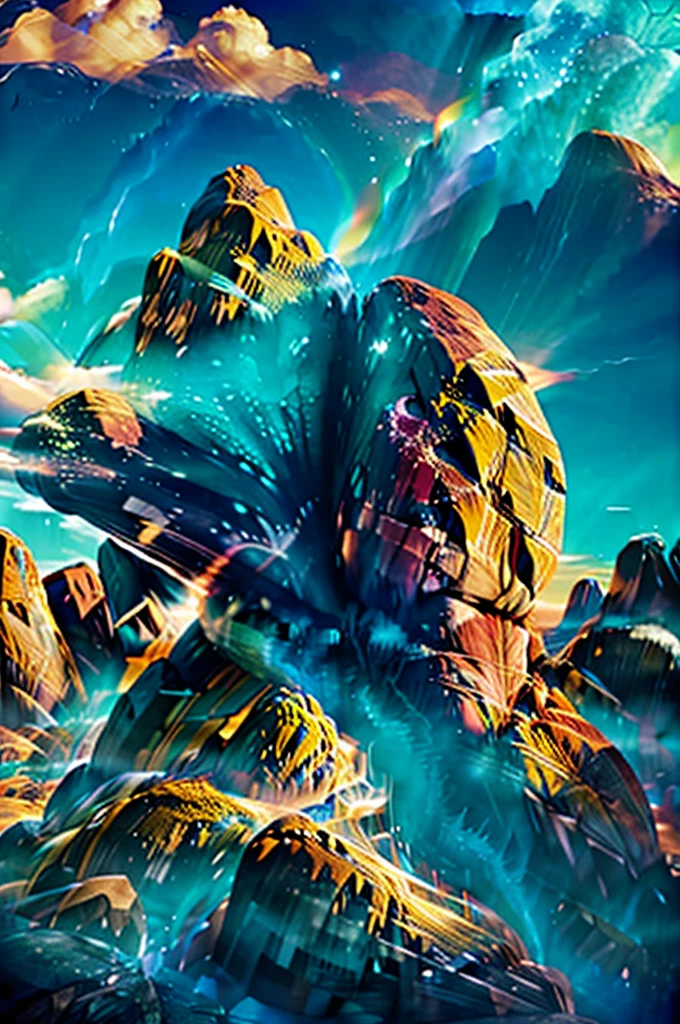 large rock surrounded by a Patagonian landscape seen from the sky with psychedelic colors