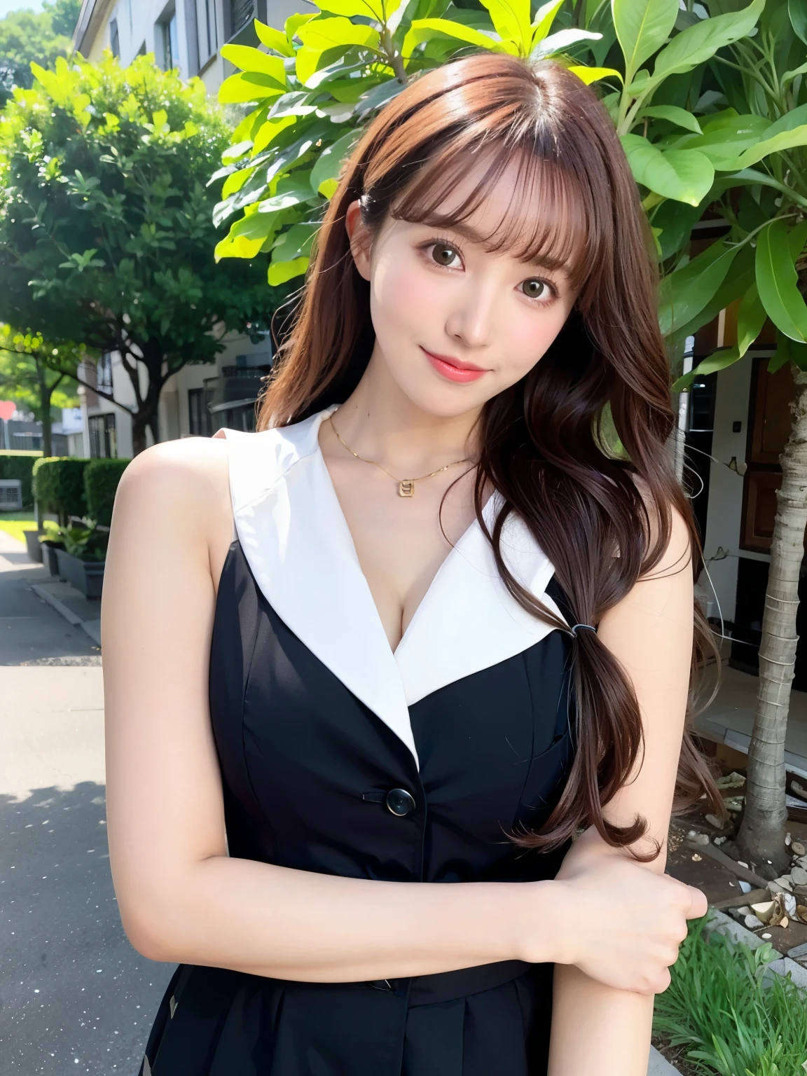 Best quality, long hair bangs curly two side braids loose towards the front, (Brown hair color), 超高分辨率, (Photorealistic:1.4), 1lovelygirl, bit girl, (Young), pink puffy , NSFW, ,(Kpop idol), (aegyo sal:1), Smiling, Cute, full bodyesbian, hands together in front, Background street, Nature, peaceful neighborhood, Sunlight,ta prostitute