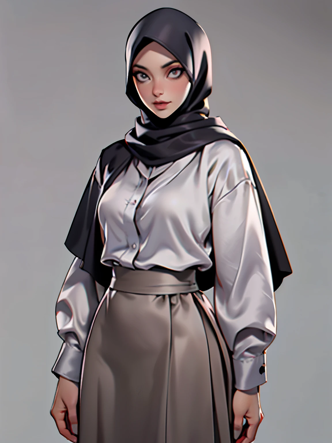 (Masterpiece, best quality) detailed, character sheet, ((a woman, beautifully makeup, eyeshadow, beautiful big eyes, long eye lashes, wearing (Taupe satin hijab), ((gray satin shirt)), satin long maxi skirt)), photography, detailed skin, realistic, photo-realistic, 8k, highly detailed, full length frame, High detail RAW color art, diffused soft lighting, shallow depth of field, sharp focus, hyperrealism, cinematic lighting, yokai illustration style, Aztec art, style artgerm, full of details. Standing Symmetric Centre, facing the viewer, gray background.