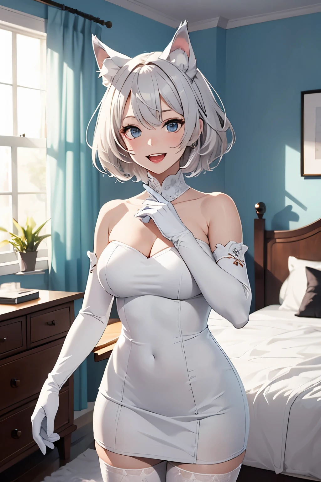 table top High level image quality best image quality 8K adult lady(I) portrait white long gloves white stockings((blanche)) white dress(Tube top) wolf ears short hair((shortcut)(gray hair)(perm)(fluffy)) eye color is blue laughter With background(Bedroom)fit hands