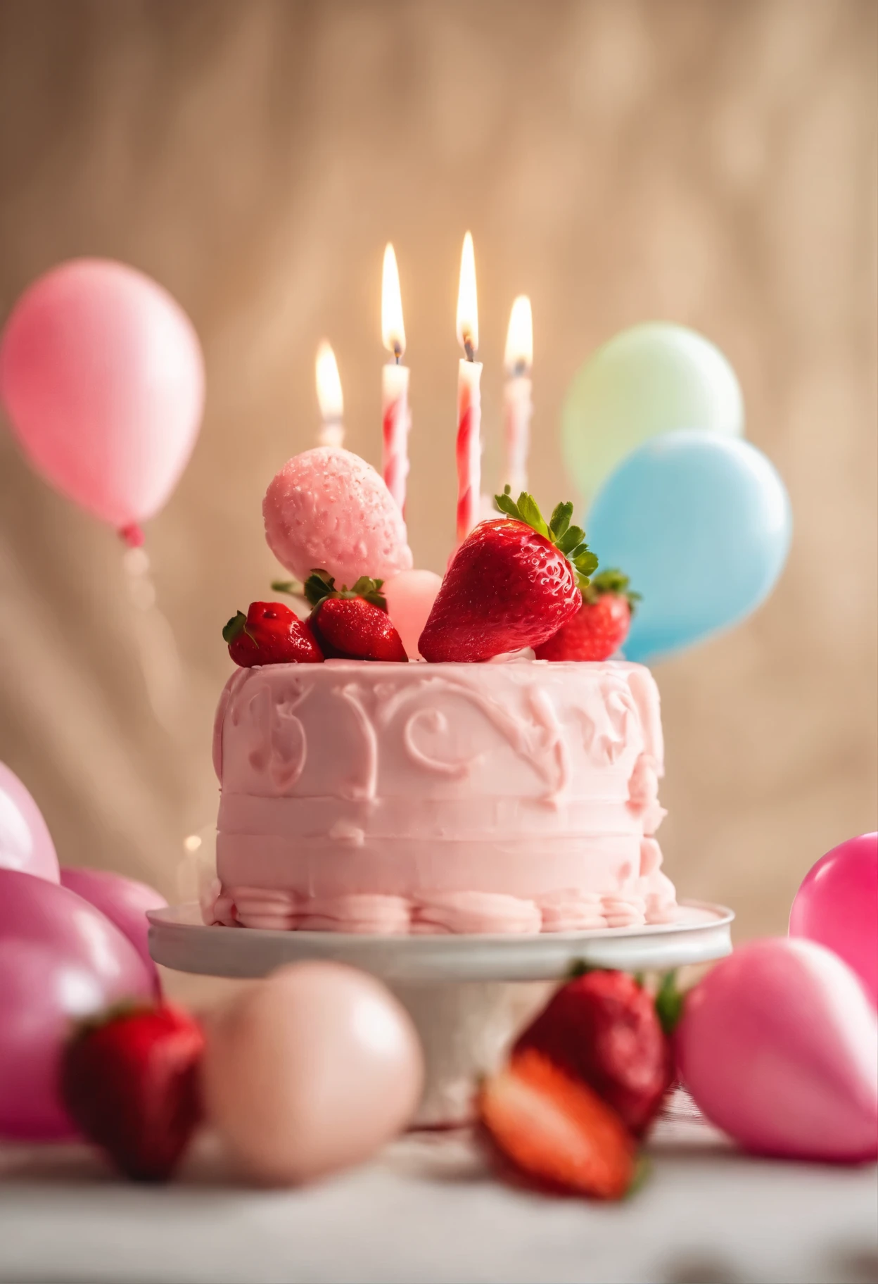 a happy birthday cack,pink cack,strawberry cack,a candel up to cack, mix color balloons,a big siz cack, happy birthay wrighe of cack side