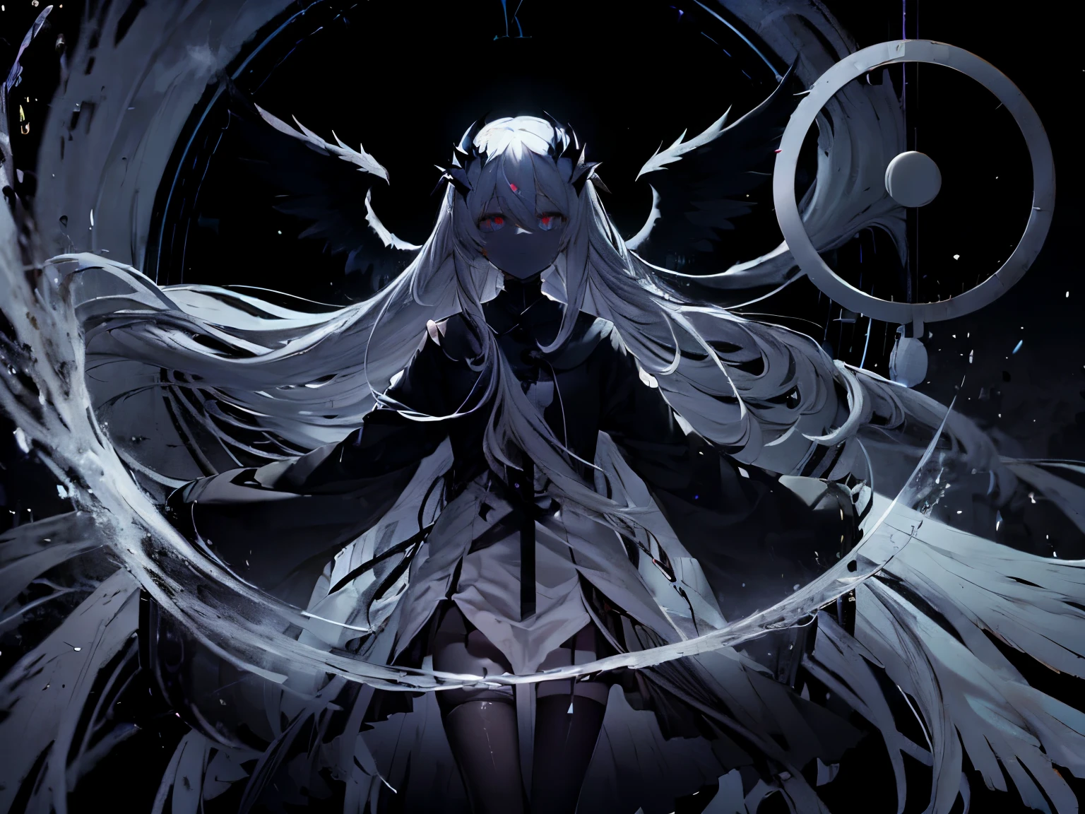very long white hair、pitch black eye、Expressionless、floating girl、Black gradient、Transparent feet、Black and white background　Redraw face　lifeless face　big clock behind　demise　apocalyptic world　Pitch black face　Black wings