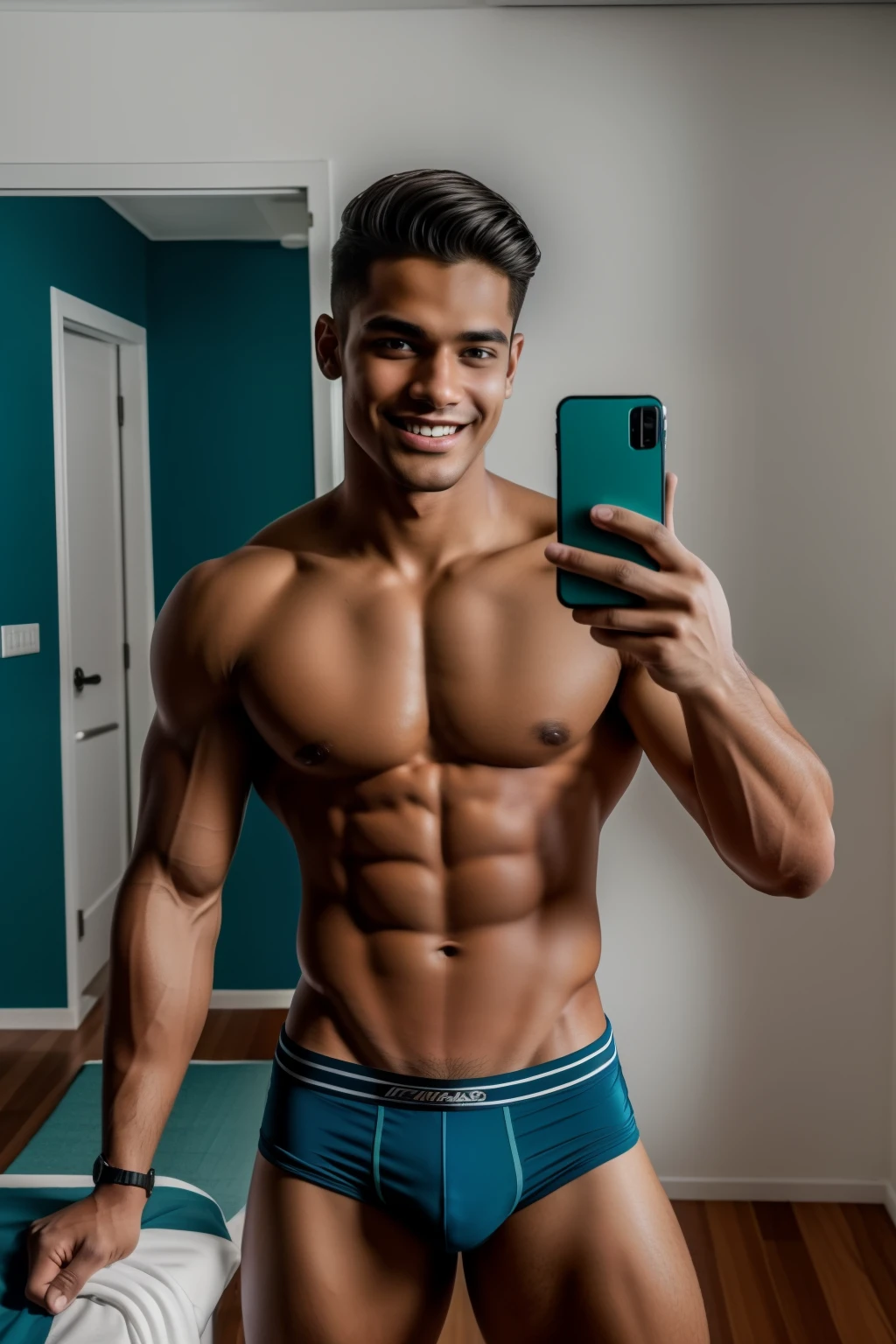 Foto RAW em sequência, uma imagem de um jovem indiano de 19 anos, ((selfie da parte superior e inferior do corpo, sorridente)), six packs prominentes, lean but muscular, jacked, six packs imagem realista, real art IA, wallpaper, 4k arte, desenho, 4k, 8k resolução, corenhance color 100%, qualify restoration 100%, super restoration 100%, cool-toned color grading, high-angle shot, bright color grading.