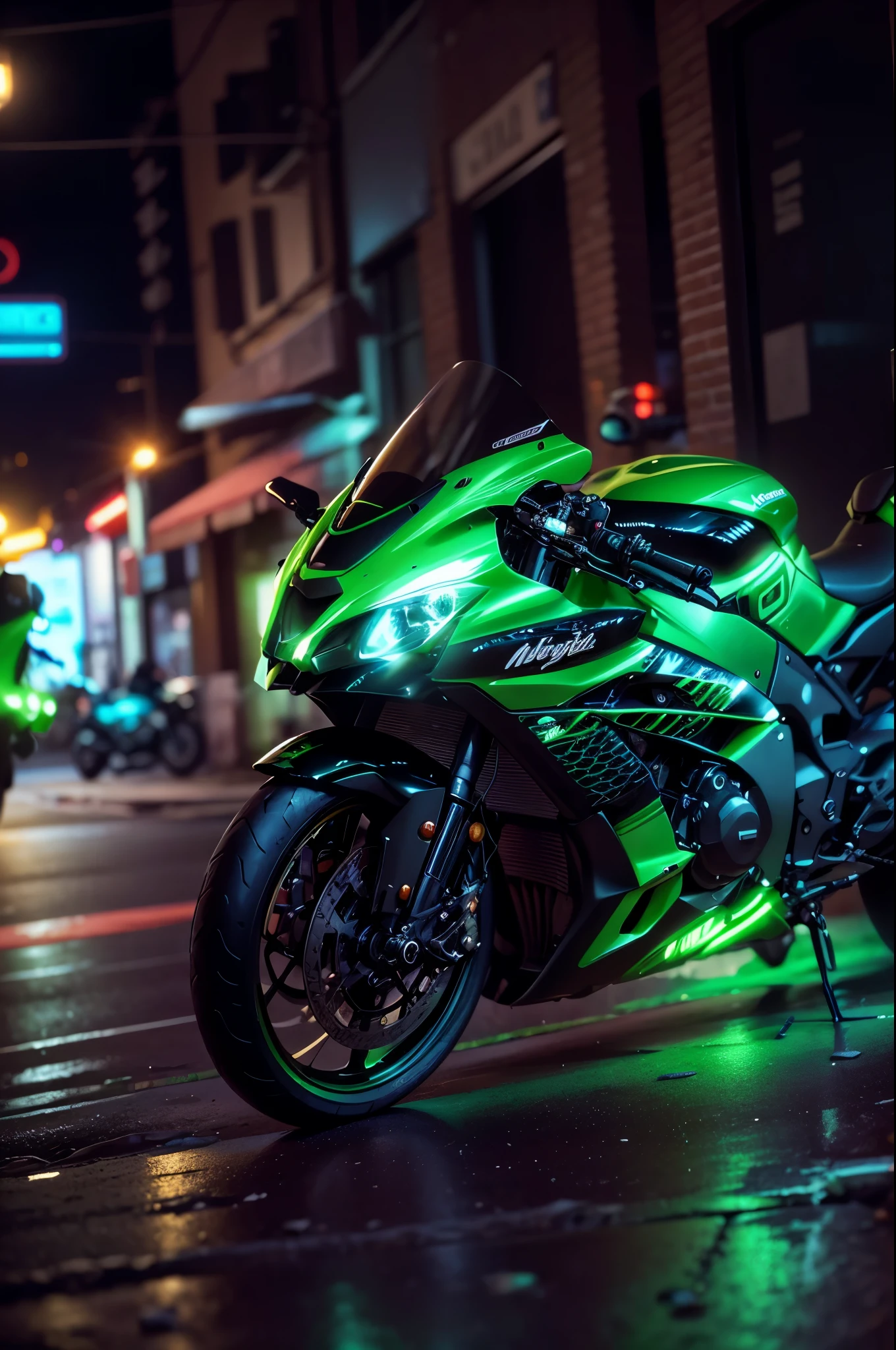 there are two motorcycles parked on the side of the street, 8 k highly detailed 4 k post, 4k post, kawasaki, glowing green, portrait shot 8 k, dramatic lighting; 4k 8k, green glow, kodakchrome : : 8 k, #green, green neon, front lit, cinematic front shot