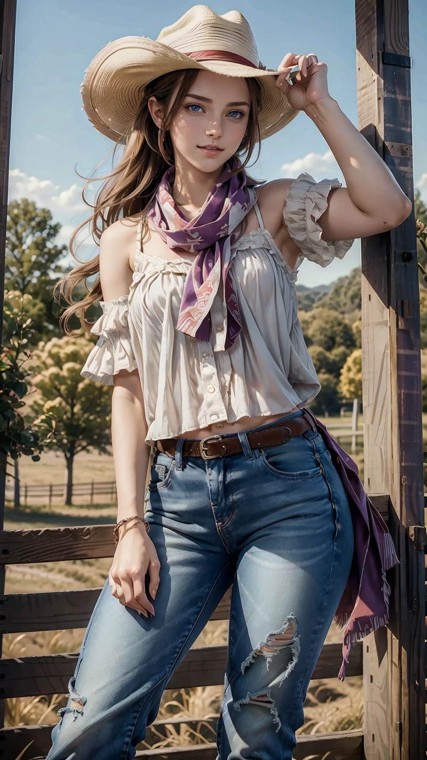 highest quality、masterpiece、ultra high resolution、24 year old white female、Hair color is brunette and purple gradation color、blue eyes、long hair、my hair is wavy、hair up style、smile、Slender but well-proportioned feminine body、wearing red nail polish、wearing a frilly blouse、wearing skinny jeans、I'm wearing boots that cowboys wear.、I'm punching my chest、wearing a cowboy hat、I'm wearing a scarf around my neck、on a farm in america、Riding a horse