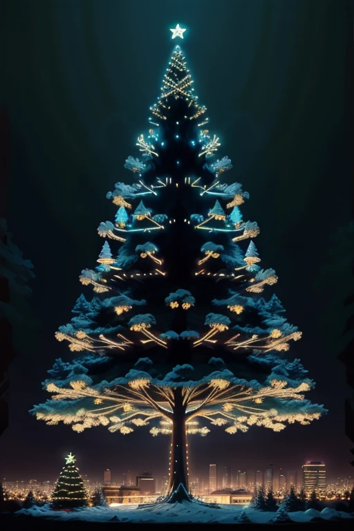Giant Christmas tree over 15 meters high, On Christmas Night, neon_overview