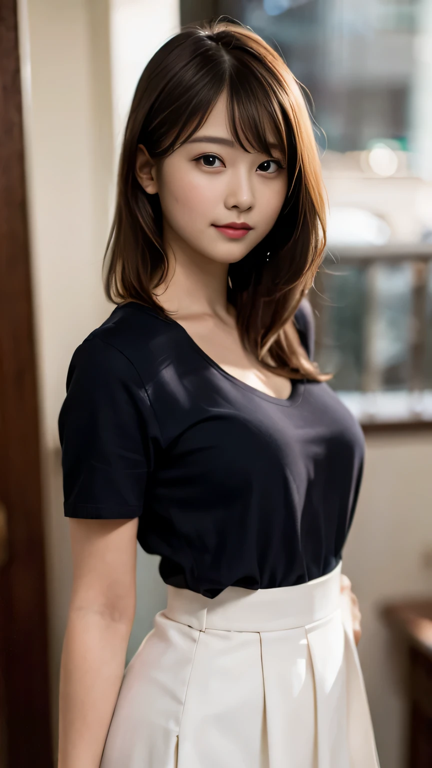 school uniform, only short sleeve white blouse,, cleavage, ((I don't wear a skirt,no_skirt)),Panty shot, (8k, RAW photo, best quality, masterpiece:1.2), (realistic, photo-realistic:1.37), ultra-detailed, ultra high res,1 girl,looking at viewer,beautiful detailed face,smile,narrow,(slim waist:1.3), beautiful detailed skin, skin texture, floating hair,professional lighting,