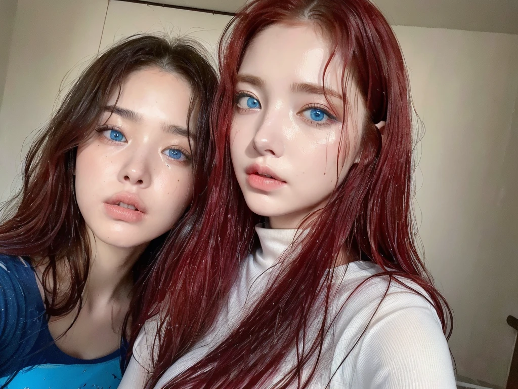 4 Beautiful handsome woman, ((top quality, 8k, masterpiece:1.retty woman, 1woman, huge breasts:1.3, slender figure:1.1, elastic red long hair, (shower, wet body, wet clothes:1.1), very detailed face, detailed lips, detailed eyes, double eyelids, detailed blue eyes, extremely detailed outstanding blue eyes, red wet hair, red wet hair, detailed outstanding BLUE EYES, innocent stare at the viewer, extremely wet wavy red hair, detailed outstanding BLUE EYES, raining outside