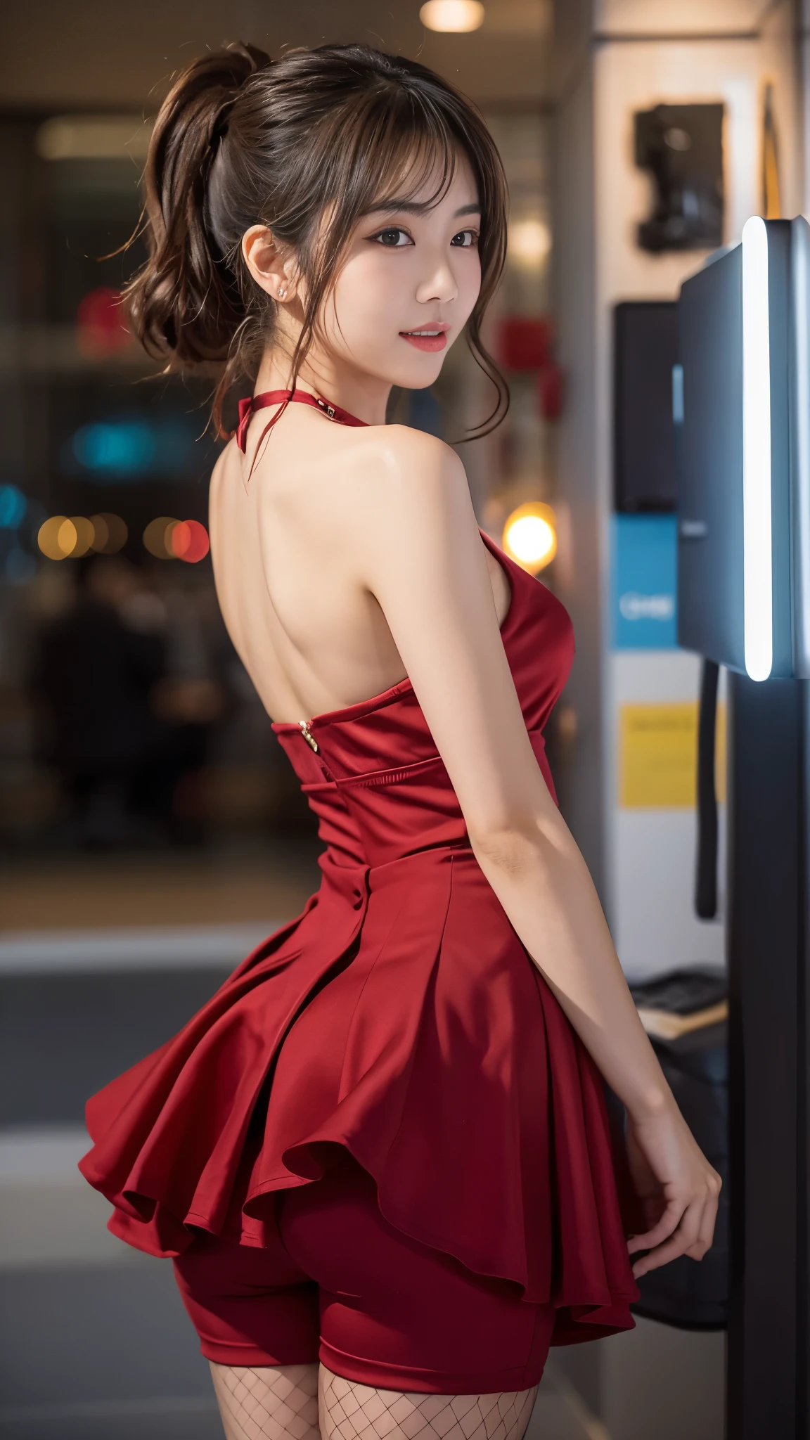 8K, masutepiece, Raw photo, Best Quality, Photorealistic, Highly detailed CG Unity 8k wallpaper, depth of fields, Cinematic Light, Lens Flare, Ray tracing, (Extremely beautiful face, Beautiful lips, Beautiful eyes), intricate detail face, ((Ultra detailed skin)) 1girl in, In the Dark, deepshadow, Pretty Korean girl, Kpop Idol, 1 girl, (Very slim and slender fit muscular body:1.3), ((Looking at Viewer)),(Big smile:1.3), (Neon dazzling night), (Blurred background), , (No people in the background:1.8), Beautiful earrings, Bracelets, Necklace, panthyhose, Clear eyes, Walking , Front shot, (pale skin), (Big eyes), Face forward, (Full body shot), (Brown medium hair), open navel, (Looking at Viewer:1.3), Very slim, Colossal tits, (Camel toe), thick thighs, turn back, (fluttering mini dress), ((Red Color Dress)), (Tight skirt), ((backtrack, Back shot)), Ultra mini skirt, exposed ass, upper Shot