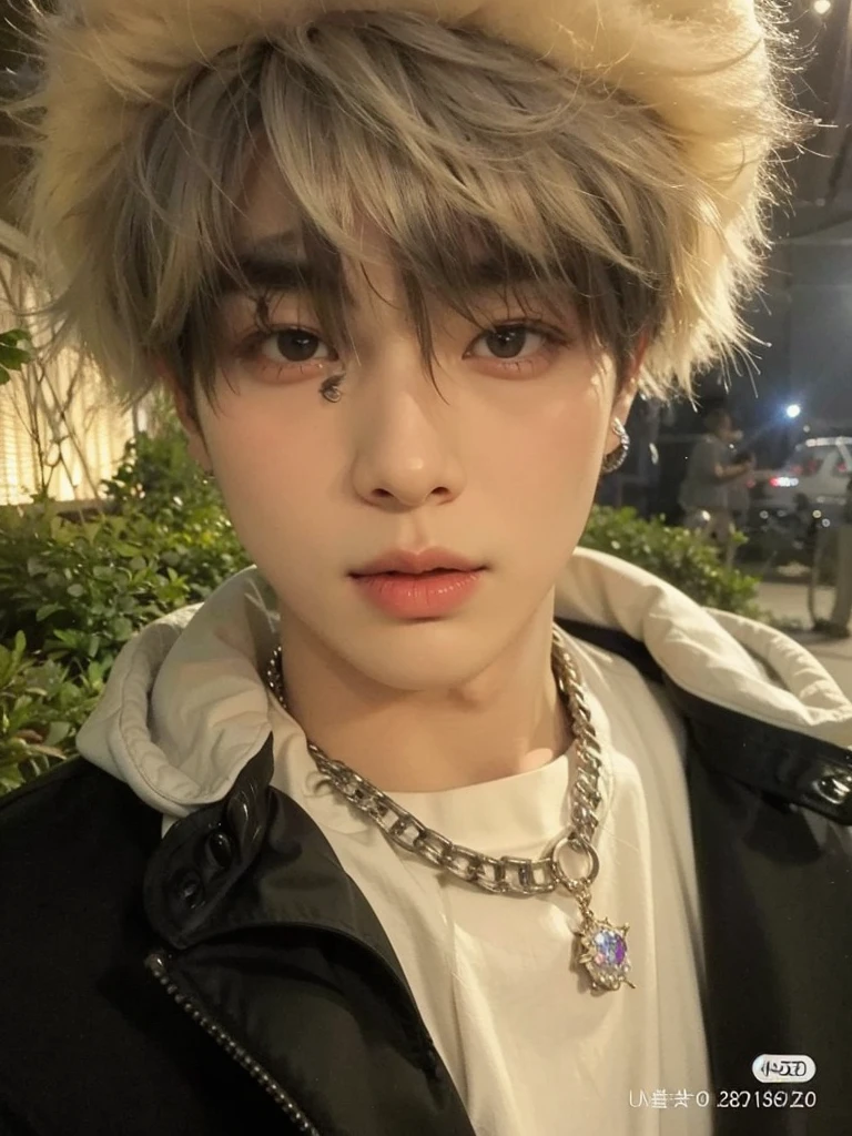 un primer plano de una persona que lleva un gorro de piel y un collar, jeon jungkook, pintar ulzzang, taken in the early 2020s, pale korean adorable face, hombre surcoreano, labios rojizos