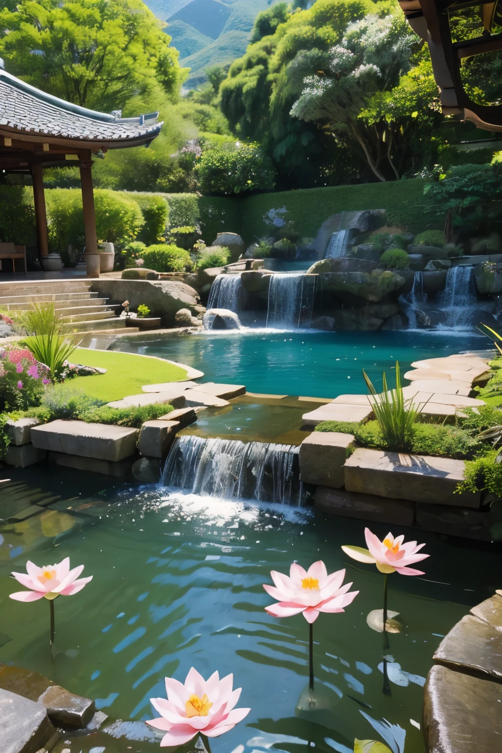 The courtyard is full of flowers, there are rivers and streams, there are rockeries, Hui-style architecture, there is an octagonal pavilion in the courtyard, there is a rockery in the pool, water flows out of the rockery, there are koi carps in the pool, lotus leaves, there is a tea table in the pavilion, the leisure atmosphere is strong, there is a breeze, and there are mountains in the distance. Waterfall, birds singing and fragrance of flowers