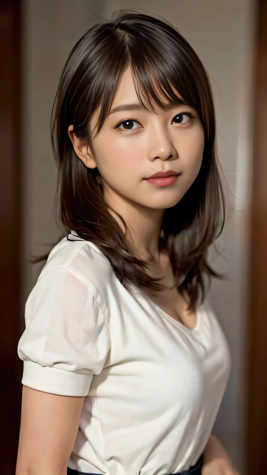 masterpiece, best quality, 8K, disorganized person, (Upper body:1.4), white shirt, beautiful girl, pretty face, looking at the viewer, smile, super realistic, high resolution, picture, sharp focus, HDR, face light, dynamic lighting, movie lighting, professional shadow, simple background, best details, very detailed, Super detailed, fine details, real skin, delicate features, detailed face and eyes, sharp pupils、realistic student