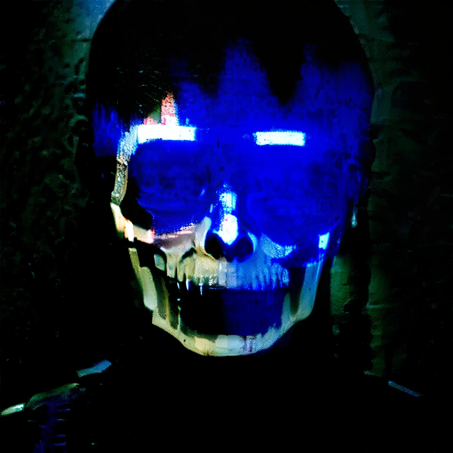 german barbarian with dark face paint, skull design, close up shot, scary, roman empire, legioncore, muted color tones, dark blue and mahogany color tones, cinestill --ar 16:9