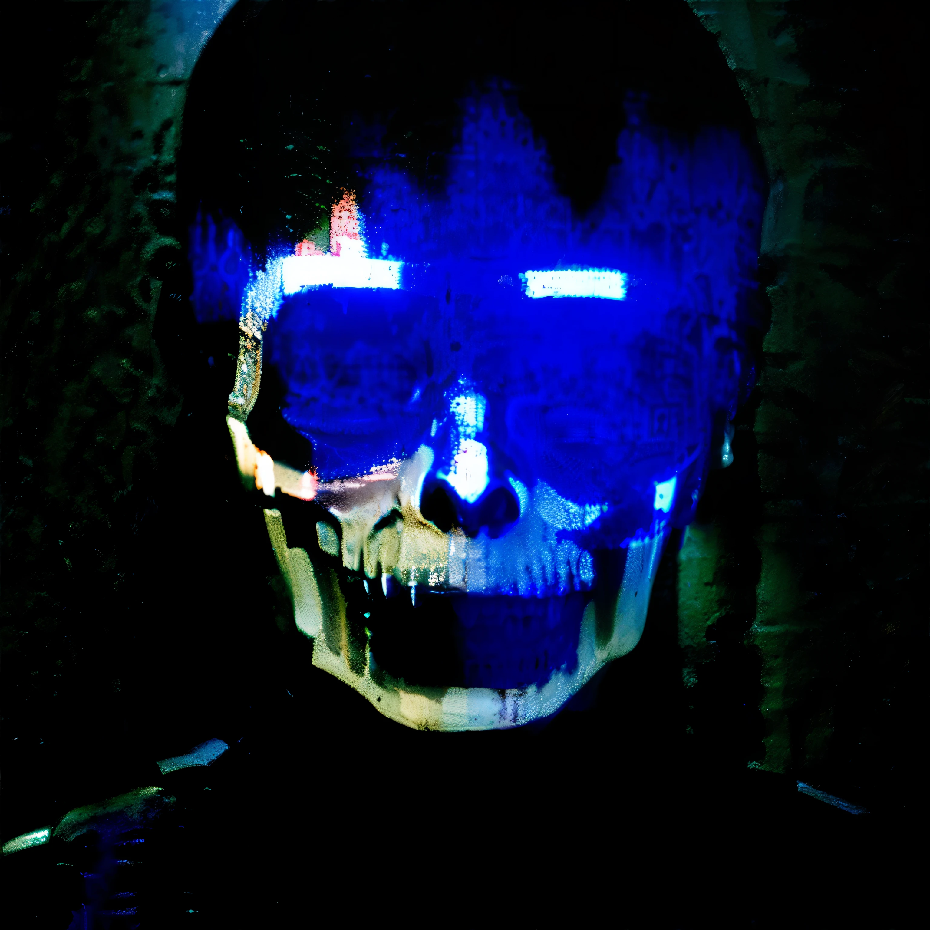 German barbarian with dark face paint, Skull design, close up shot, scared, Roman Empire, legion core, Calm color tone, Dark blue and mahogany tones, Cinestill --ar 16:9