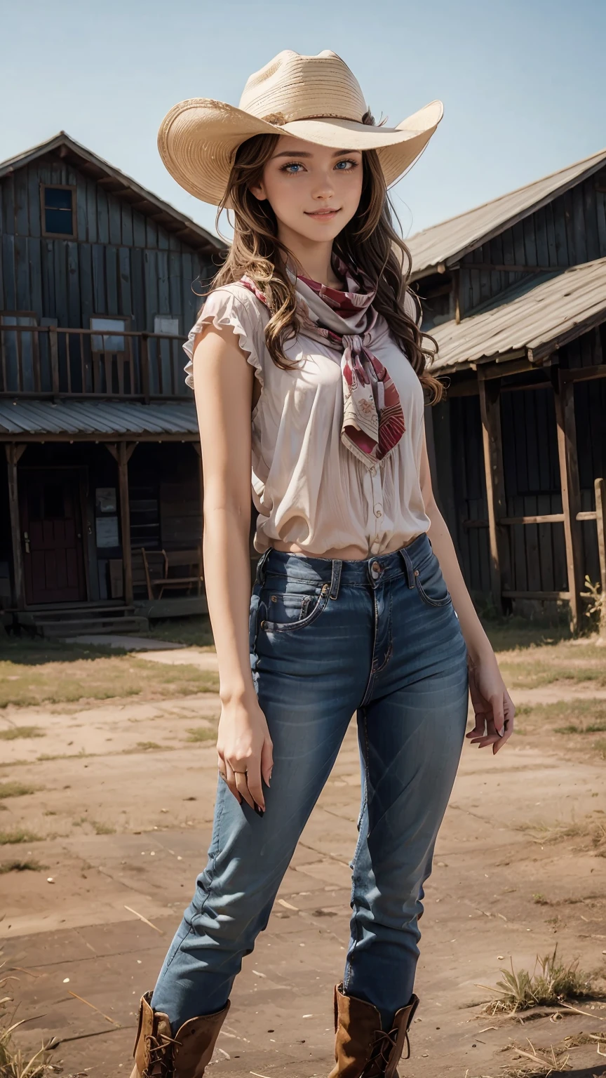 highest quality、masterpiece、ultra high resolution、24 year old white female、Hair color is brunette and purple gradation color、blue eyes、long hair、my hair is wavy、hair up style、smile、Slender but well-proportioned feminine body、wearing red nail polish、wearing a frilly blouse、wearing skinny jeans、I'm wearing boots that cowboys wear.、I'm punching my chest、wearing a cowboy hat、I'm wearing a scarf around my neck、on a farm in america、I'm holding the brim of my cowboy hat in my hand.