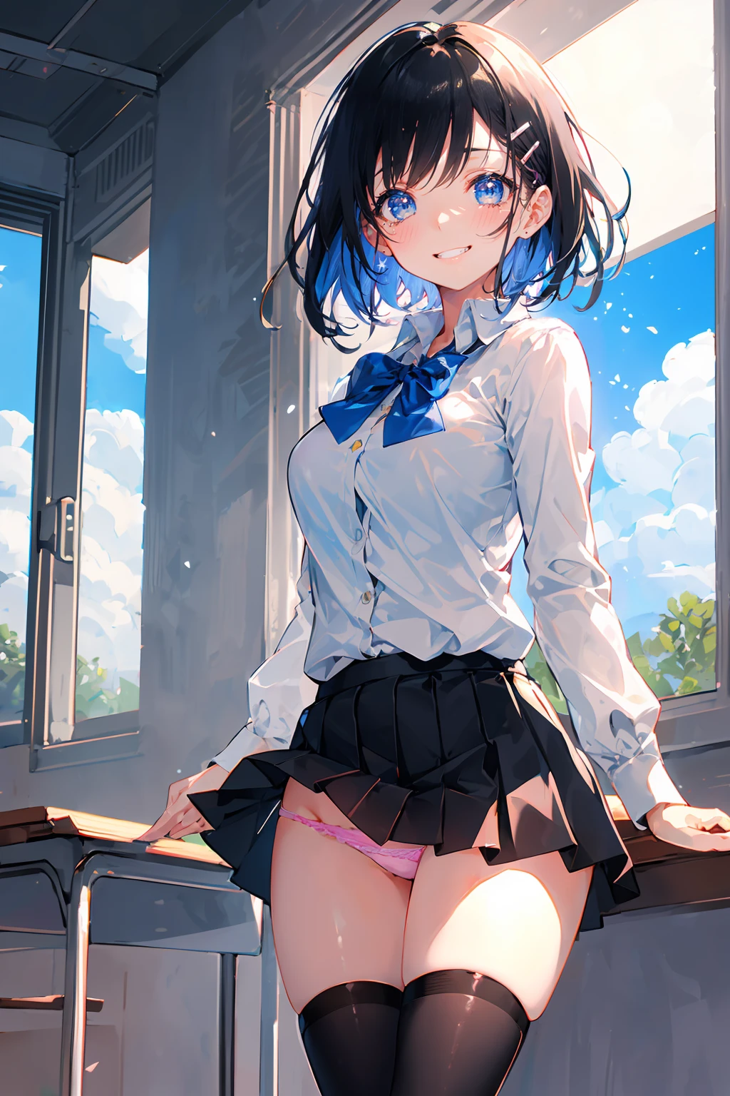 ((8Kmasterpiece,highest quality)), ultra high resolution, (masterpiece: 1.4), hyper detail, (1 female))),,Watery eye,blush,beautiful and delicate eyes,light blue eyes,Big eyes,shining eyes of light,Thin and long eyelashes,detailed light,beautiful face,((black hair)),((short hair)), Expressionless,big breasts,school uniform,hair clip,hair ribbon,blitz short skirt,white knee high socks,light pink panties, Panty Pose, panty shot, (grinning smile),troubled face,(please open your mouth wide),(classroom),stand in the center of the screen,blue sky with clouds, Nice views, rainbow in the sky, particles of light, daytime, sunbeam,gust of wind,sense of speed, cowboy shot