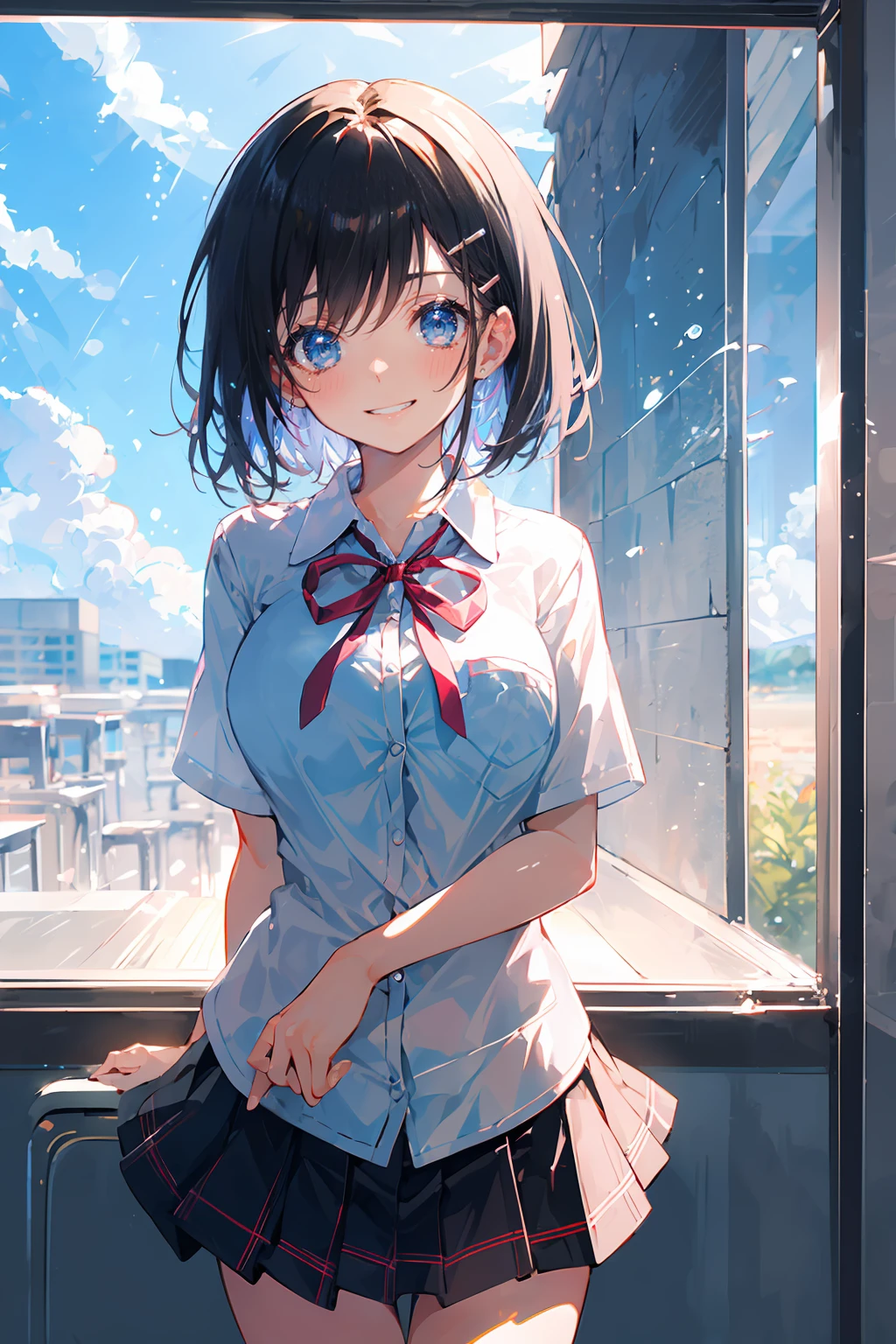 ((8Kmasterpiece,highest quality)), ultra high resolution, (masterpiece: 1.4), hyper detail, (1 female))),,Watery eye,blush,beautiful and delicate eyes,light blue eyes,Big eyes,shining eyes of light,Thin and long eyelashes,detailed light,beautiful face,((black hair)),((short hair)), Expressionless,big breasts,school uniform,hair clip,hair ribbon,blitz short skirt,white knee high socks,light pink panties, Panty Pose, panty shot, (grinning smile),troubled face,(please open your mouth wide),(classroom),stand in the center of the screen,blue sky with clouds, Nice views, rainbow in the sky, particles of light, daytime, sunbeam,gust of wind,sense of speed, cowboy shot