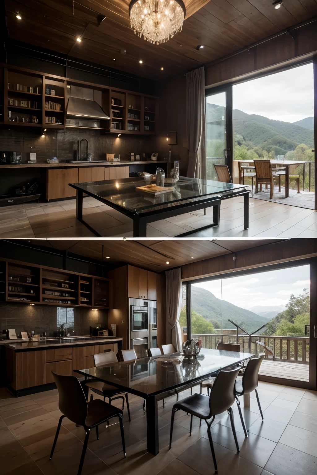 A research labratory filled with books, e-readers, magazines and advanced toys. Inside are futuristic furniture. This open feel concept is in a secluded mountain location. The walls and tables are made of glass crystals. 4k, hd, cyberrealism, dystopian.