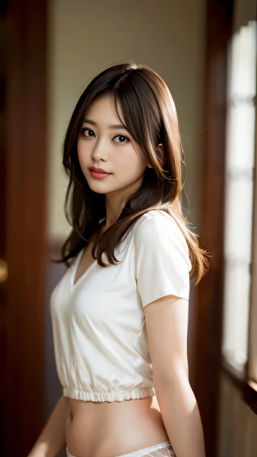 A beautiful Japanese shy girl, age 18 years old, short brown hair, brown big eyes, shiny lip, shiny hair, wearing long sleeve v-neck white shirts, plaid skirt, she is on the huge window, rainy scape, she is looking out the window, There are a lot of water drops on the window, The background is very blurry, whole body picture,