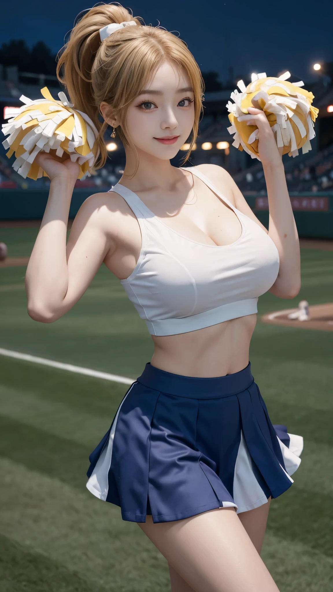 17 year old cool Korean, Large, round breasts, split, cheerleader, baseball team cheerleader, skirt, beautiful eye details, eyelash, beautiful double eyelids, eye shadow, narrow eyes, Perfect eye makeup, seduct smile, beautiful thin legs, bright blonde, Bob Carter, ponytail, Various hairstyles, earrings, stand at the baseball stadium at night, night,Show breasts,exposing her chest,Show breasts,