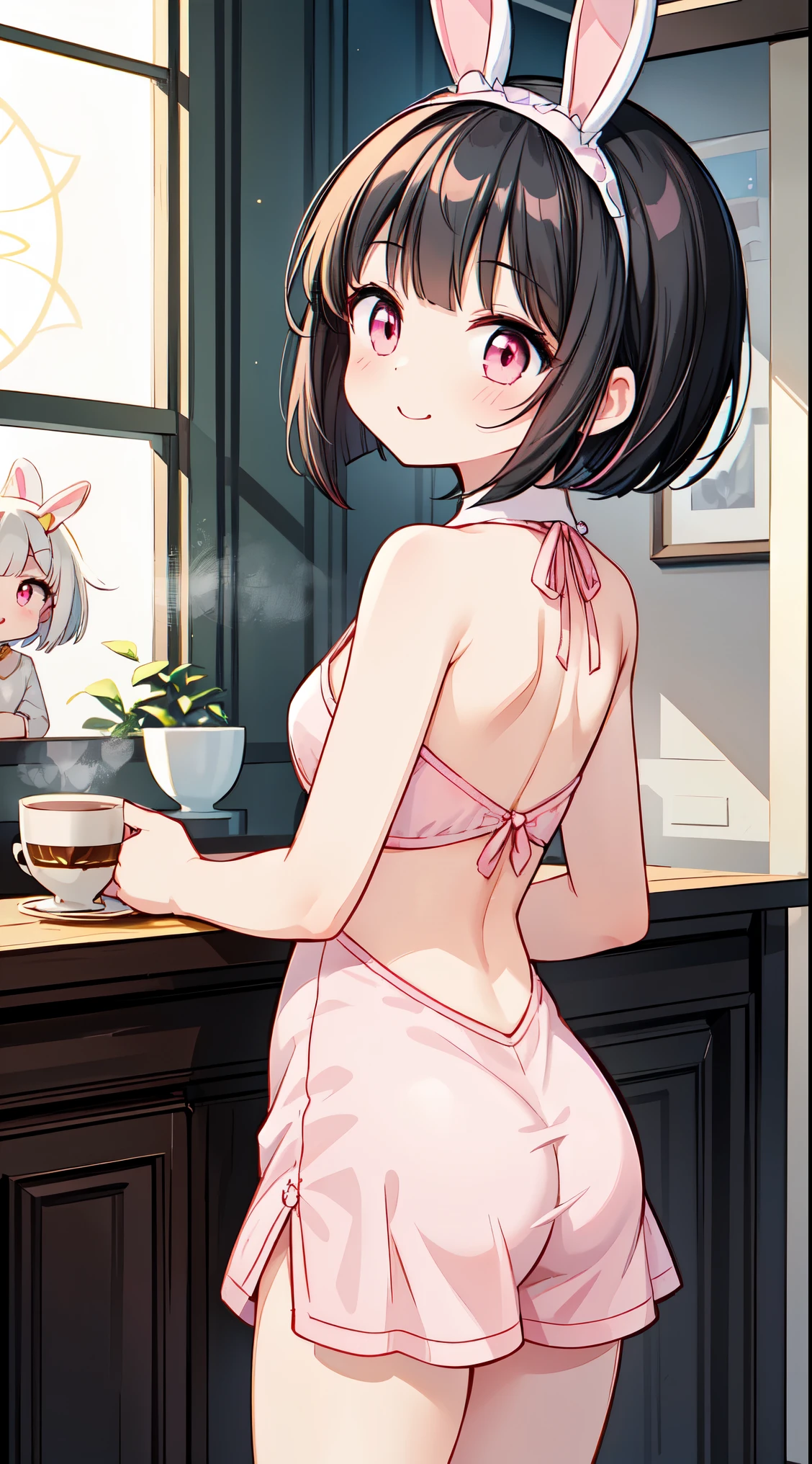 (super fine illustration:1.2),(masterpiece, 8k), (best quality, high quality:1.4), perfect anatomy, hyper detailed, ultra detailed,masterpiece background,beautiful detailed background, v8k wallpaper,perfect design,award-winning art,atmospheric,(
BREAK, 1 beautiful horny girl,alone,(cute type:1.5),(Chibi:0.8),(cute type:1.5),(change:0.5),(horny girl, cute, full of energy, change face,slightly swollen chest),(black hair, messy short bob, story me, pink eyes:1.55 ),(full of energy, goofy smile, bad face:1.2),(white bunny ears headband:1.2),
BREAK, (stained glass), (tea party),(fragrant peach-infused rooibos tea:1.3), (steaming cup in delicate porcelain:1.2), (relaxing by a sunlit window:1.2), (gentle sips and contentment:1.2), (soothing afternoon tea ritual:1.1), (soft breeze and warm ambiance:1.1), (enjoying the tranquility:1.3), (three girls laughing and chatting:1.2), (shared moments of joy:1.1),
BREAK,wakame,wakame,wakame,(from behind ,cowboy shot:1.5) ,
BREAK,(Blurry background:1.3),(absurderes, hight resolution, Super Detail Art),cel shading,Clear Color, Lonely optical effect, Beautiful pictures, Bright glow, mystic atmosphere,(Close-up of girl:0.8), Mystical light particle effect,manga influence, clean line drawings,