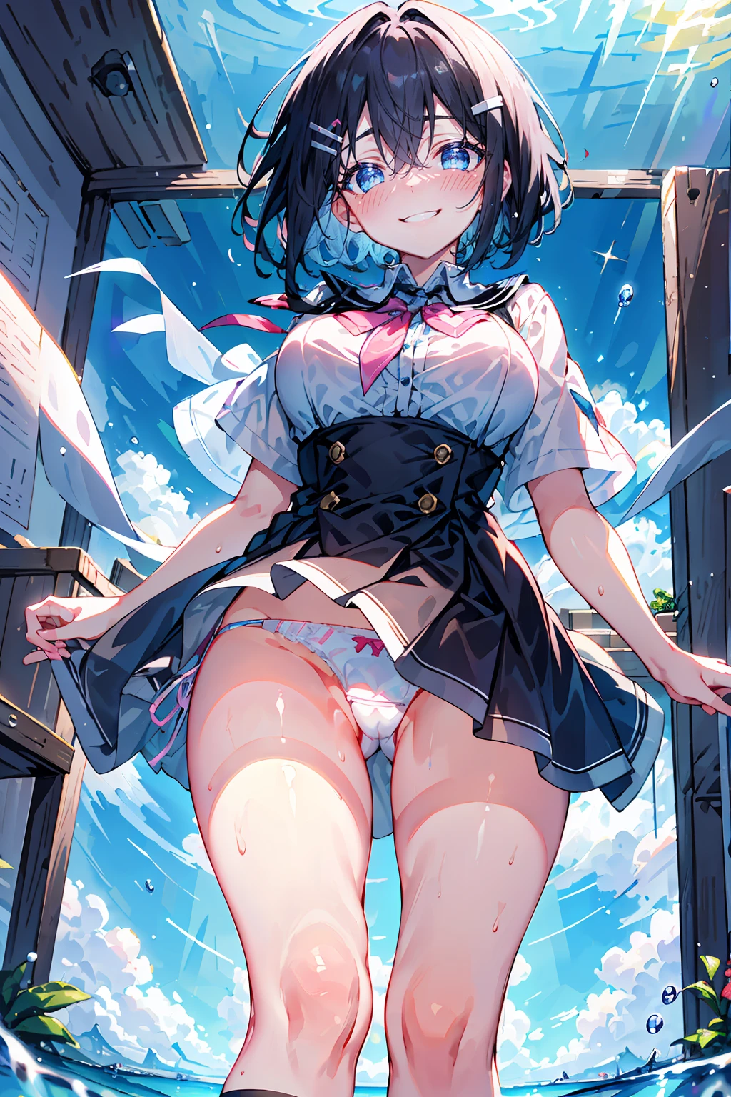 ((8Kmasterpiece,highest quality)), ultra high resolution, (masterpiece: 1.4), hyper detail, (1 female))),,Watery eye,blush,beautiful and delicate eyes,light blue eyes,Big eyes,shining eyes of light,Thin and long eyelashes,detailed light,beautiful face,((black hair)),((short hair)), Expressionless,big breasts,school uniform,hair clip,hair ribbon,blitz short skirt,white knee high socks,light pink panties, Panty Pose, panty shot, (grinning smile),troubled face,(please open your mouth wide),(classroom),stand in the center of the screen,blue sky with clouds, Nice views, rainbow in the sky, particles of light, daytime, sunbeam,gust of wind,sense of speed, cowboy shot