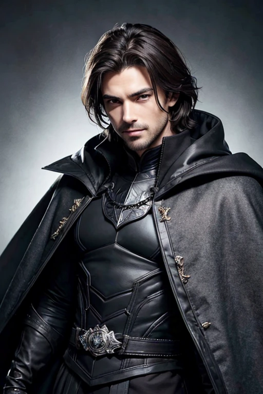 masterpiece, highest quality, realistic, 1 man, mature men, Quiet and charming young man, 25 years old, grin, closed mouth, portrait, highly detailed face, 寒さとgrin, ((dark gray eyes)), ((Short right sweep dark brown hair)), [thick eyebrows], Dark palace, ((Long Black and Cape)), (Evil Wizard), ((All Black)), (dark gray eyes), look at the audience.