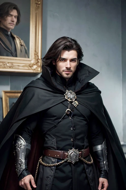 masterpiece, highest quality, realistic, 1 man, mature men, Quiet and charming young man, 25 years old, grin, closed mouth, portrait, highly detailed face, 寒さとgrin, ((dark gray eyes)), ((Short right sweep dark brown hair)), [thick eyebrows], Dark palace, ((Long Black and Cape)), (Evil Wizard), ((All Black)), (dark gray eyes), look at the audience.