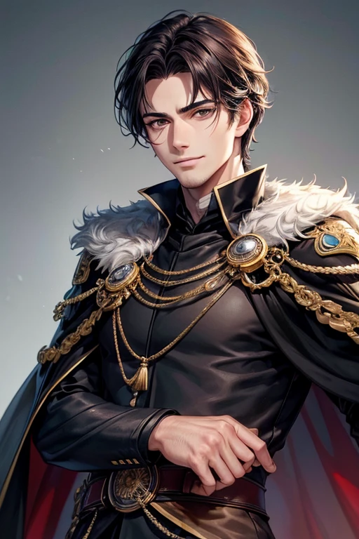 masterpiece, highest quality, realistic, 1 man, mature men, Quiet and charming young man, 25 years old, grin, closed mouth, portrait, highly detailed face, 寒さとgrin, ((dark gray eyes)), ((Short right sweep dark brown hair)), [thick eyebrows], Dark palace, ((Long Black and Cape)), (Evil Wizard), ((All Black)), (dark gray eyes), look at the audience.