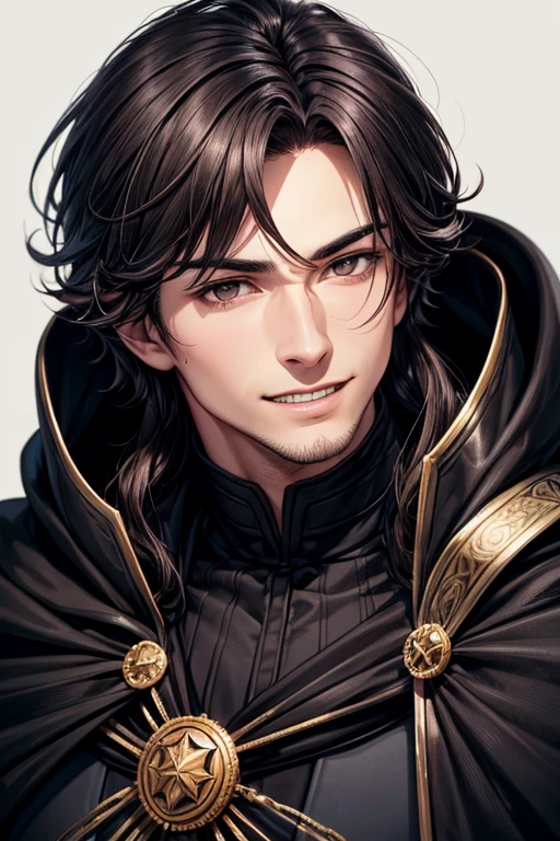masterpiece, highest quality, realistic, 1 man, mature men, Quiet and charming young man, 25 years old, grin, closed mouth, portrait, highly detailed face, 寒さとgrin, ((dark gray eyes)), ((Short right sweep dark brown hair)), [thick eyebrows], Dark palace, ((Long Black and Cape)), (Evil Wizard), ((All Black)), (dark gray eyes), look at the audience.