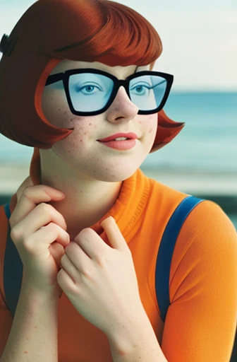 (old color photo) of velmadinkley, glasses,freckles,analog style, modelshoot style, 35mm, vignette, intricate detail, film grain, portra,