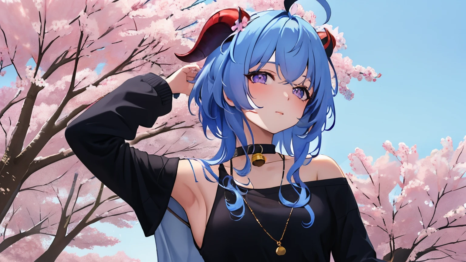 blue_hair, long_hair, bangs, horns, purple_eyes, ahoge, breasts, blush, goat_horns, sidelocks, bell, upper_body, medium_breasts, large_breasts, neck_bell,1girl,solo,short hair, off shoulder, collar bone, look at viewer, perfect fingers, armpit peek, Beautiful flowers bloom, (sparkles), (There is a blooming sakura)，standing under a tree, (head looking up), Look at the tree, Natural soft light, macaron, Still ethereal, Crisp and smooth lines, radiant morning light, soft luminescent glow, casual clothes